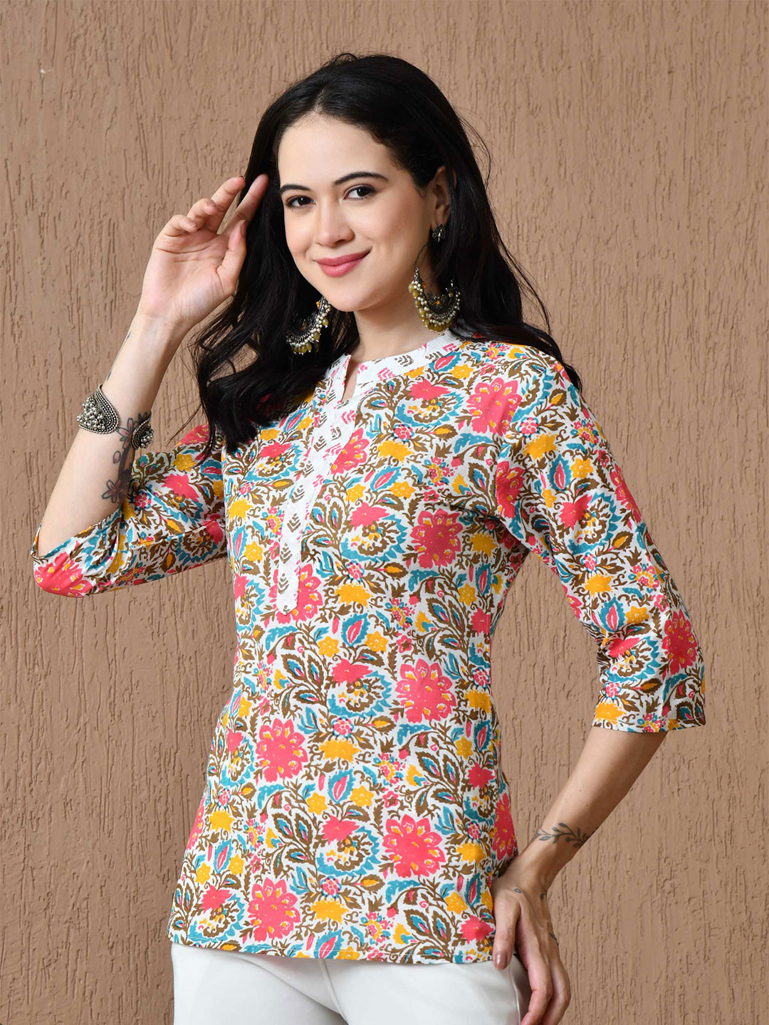 Anouk Rustic Floral Printed Mandairan Coller Pure Cotton Straight Kurti