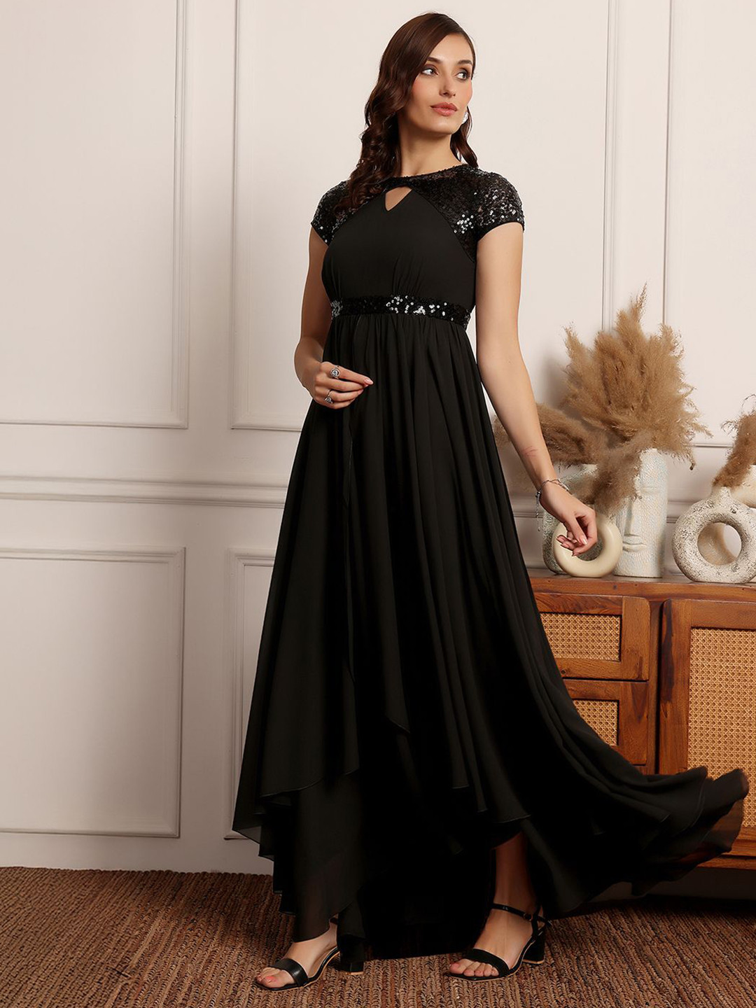 Miss Chase Get It Off My Desk Women Embellished Keyhole Neck Fit & Flare Maxi Dress