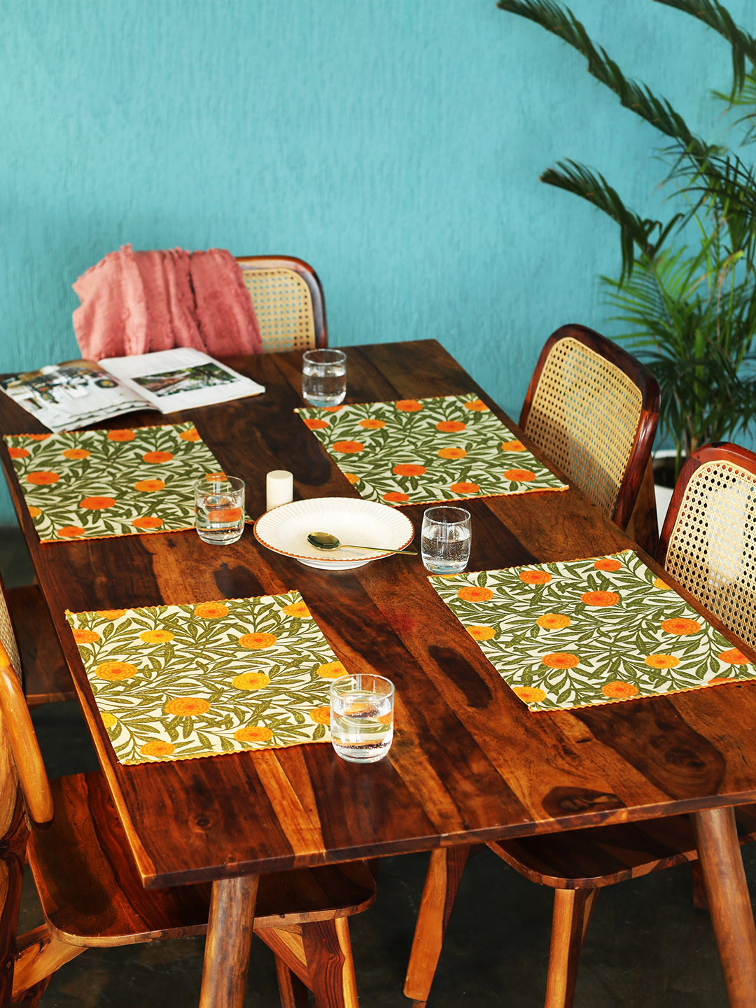 Abolee Homes Genda 4-Pcs Green Printed Pure Cotton Table Placemats