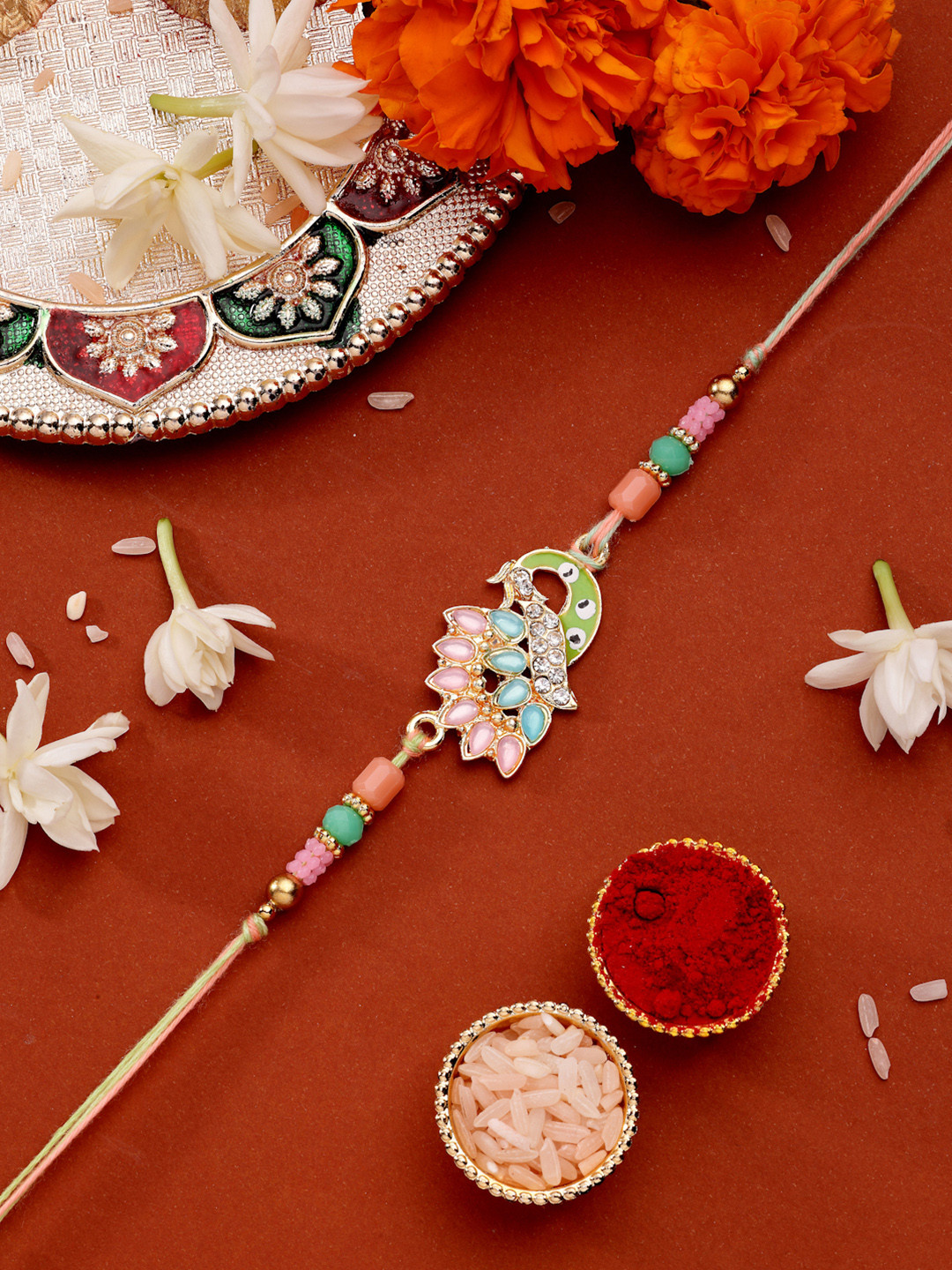 ADIVA Men Beads & Stone Peacock Thread Rakhi with Roli Chawal Chandan & Meshrei Card