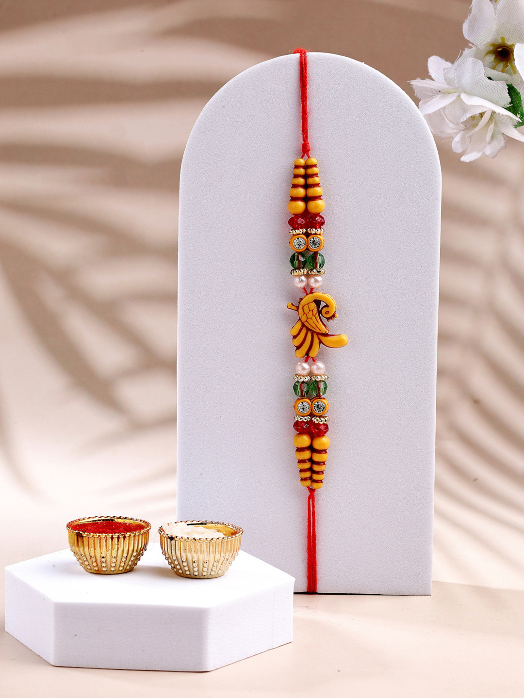 ADIVA Handmade Stone & Beads Peacock Thread Rakhi with Roli Chawal Chandan & Meshrei Card
