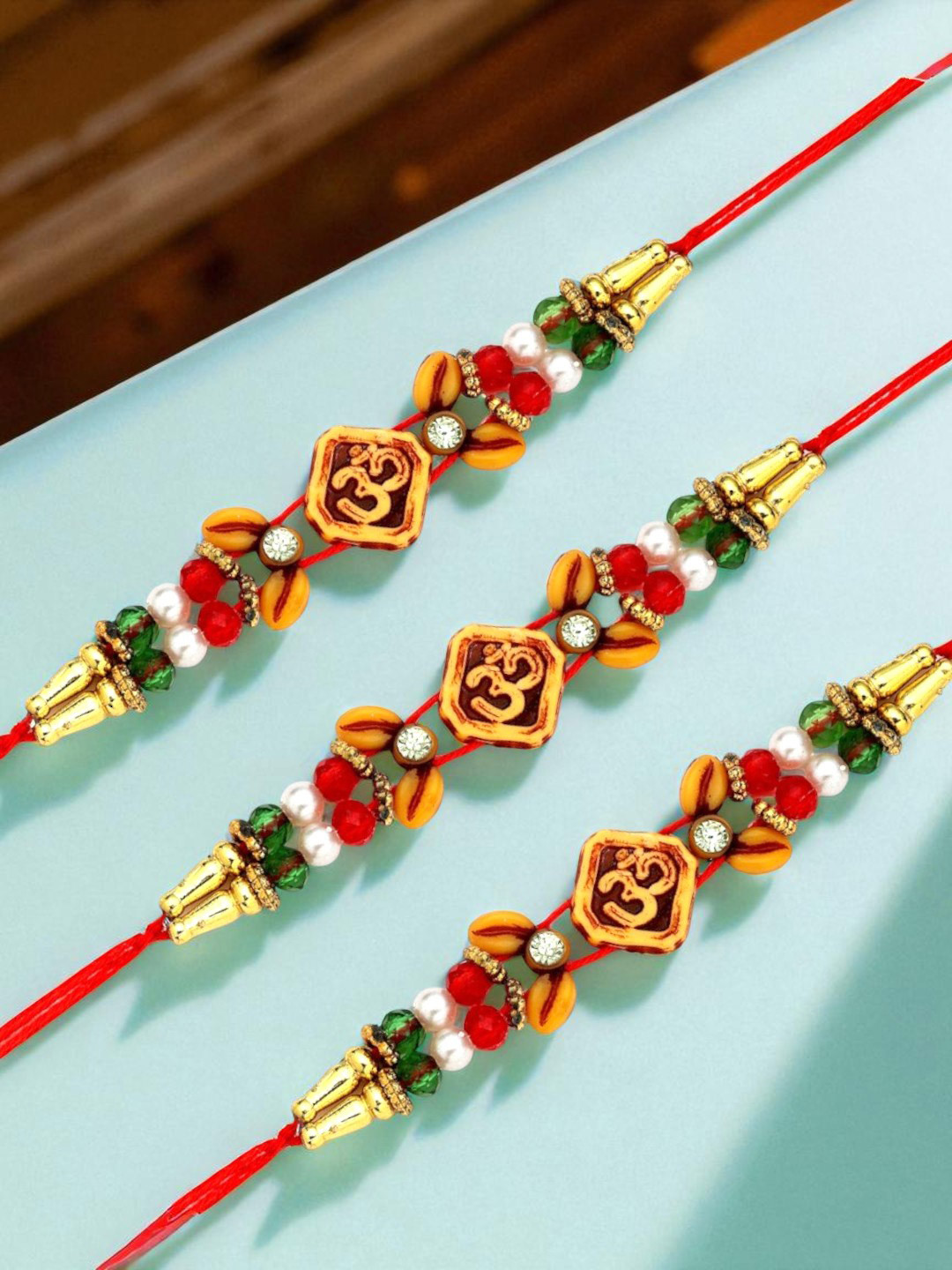 ADIVA Stones Studded & Beaded Thread Rakhis with Roli Chawal Chandan & Meshrei Card