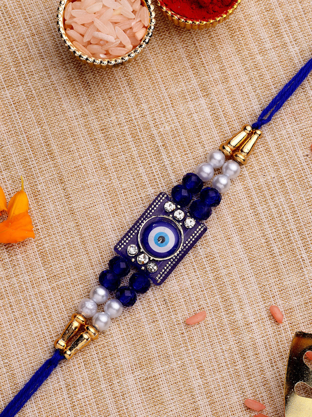 ADIVA CZ Studded & Beaded Evil Eye Thread Rakhi With Roli Chawal Chandan Meshrei & Card