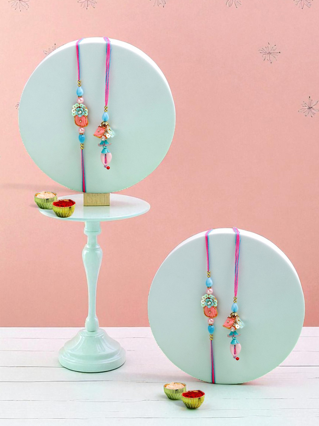 ADIVA Pack of 2 Unisex Thread Lumba Rakhi With Roli Chawal Chandan & Meshrei Card