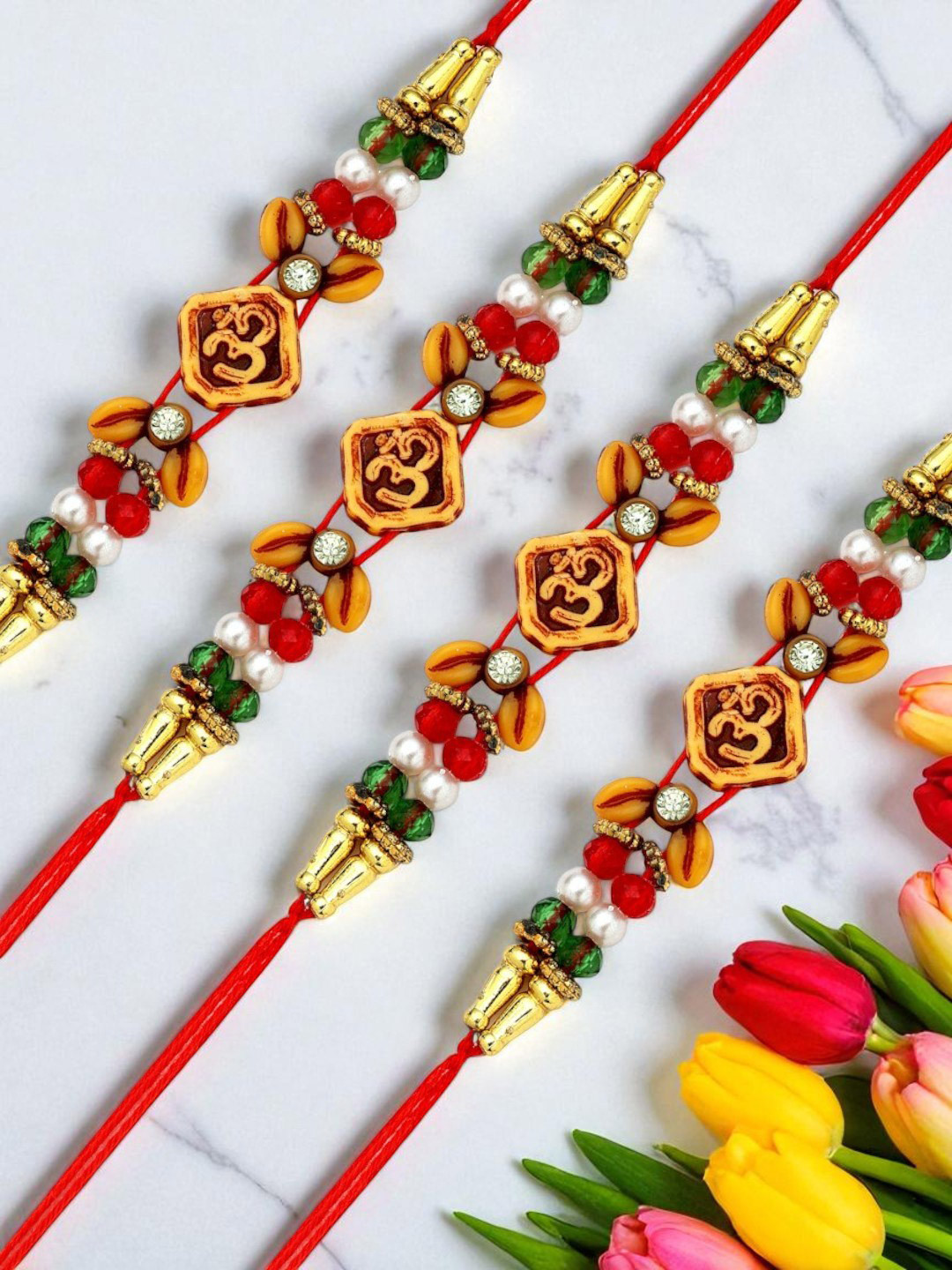 ADIVA Stones Studded & Beaded Thread Rakhis with Roli Chawal Chandan & Meshrei Card