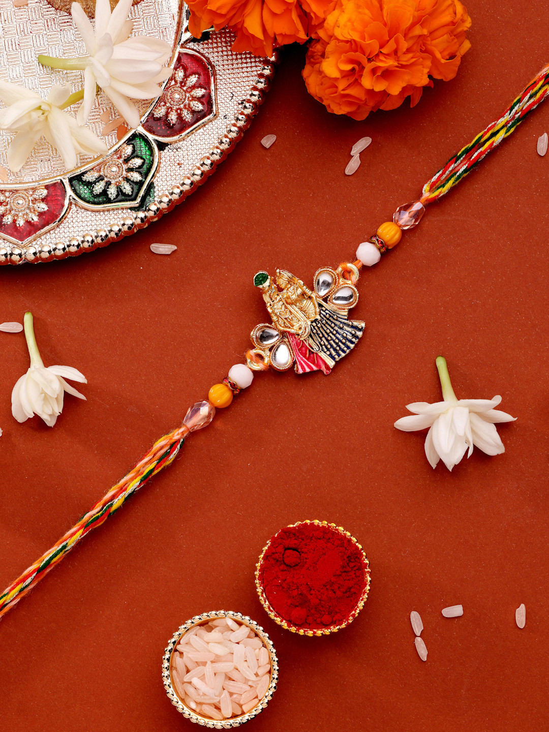 ADIVA Beaded Lord Radha Krishna Thread Rakhi With Roli Chawal Chandan & Meshrei Card