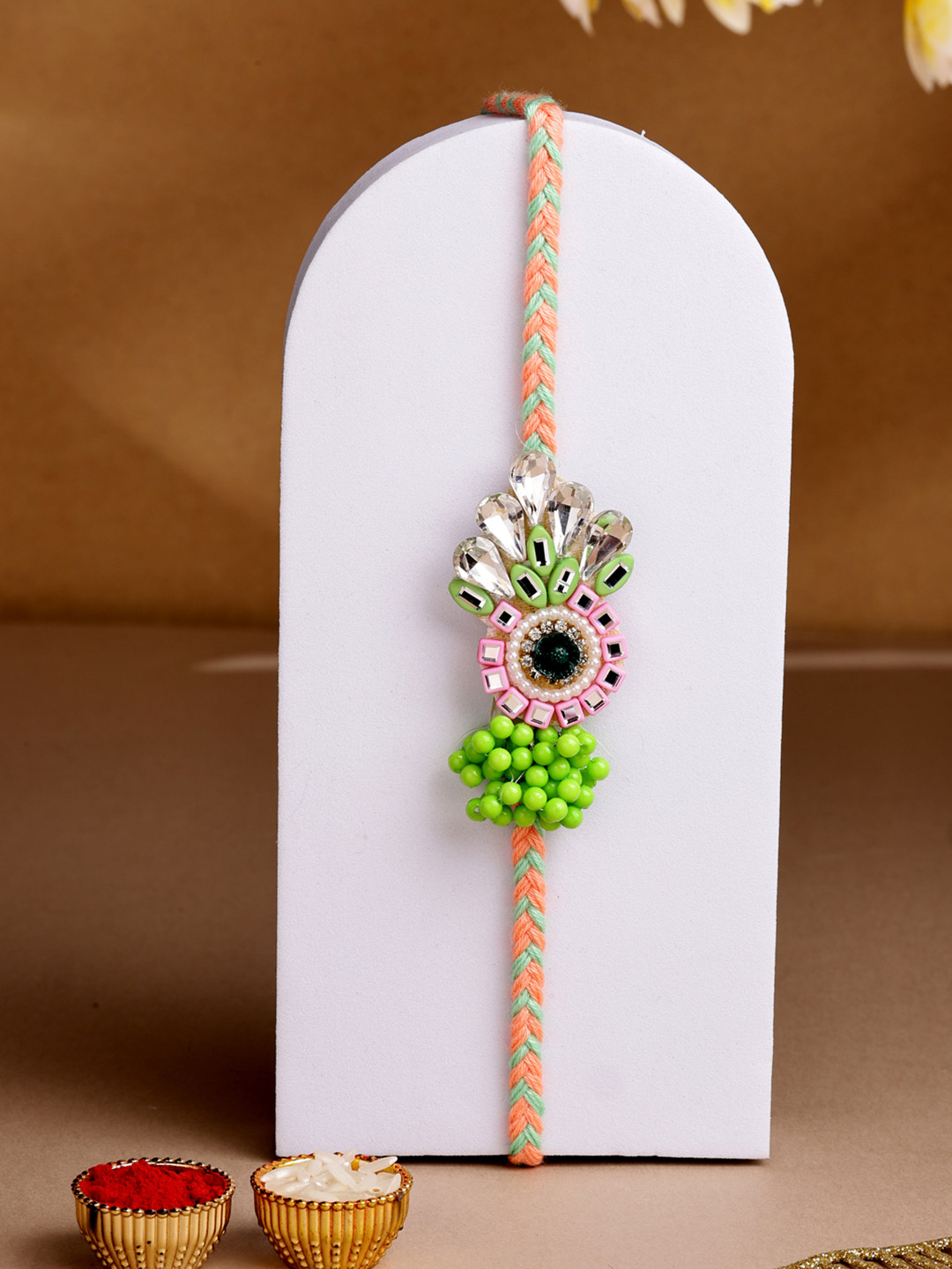 ADIVA Cubic Zirconia Studded & Beaded Thread Rakhi With Roli Chawal Chandan Mishri & Card