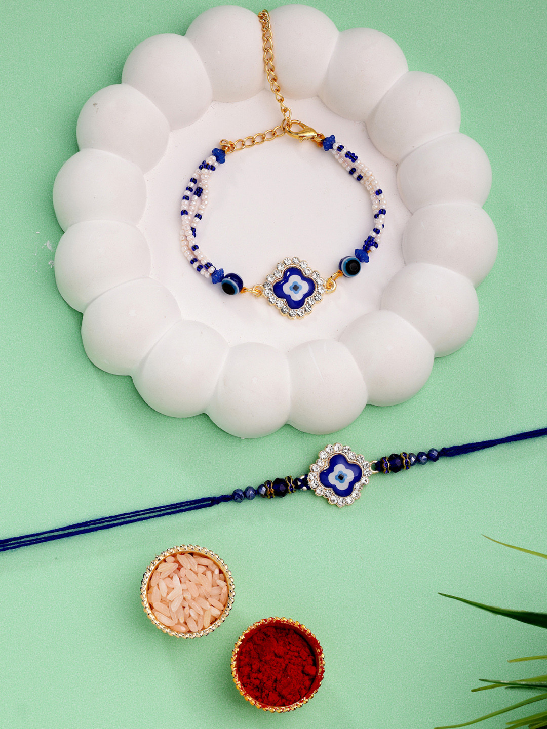 ADIVA CZ Studded & Beaded Evil Eye Bhaiya Bhabhi Rakhis With Roli Chawal Chandan & Card