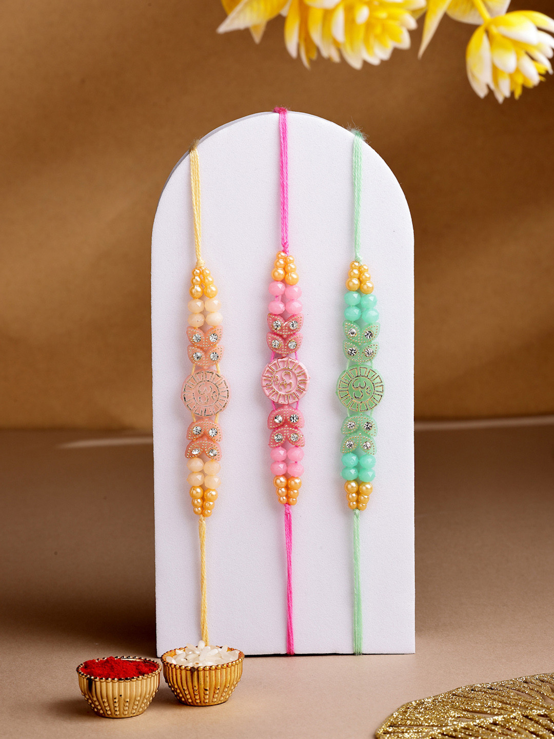 ADIVA Set Of 3 Rakhi With Roli Chawal & Greetings Card
