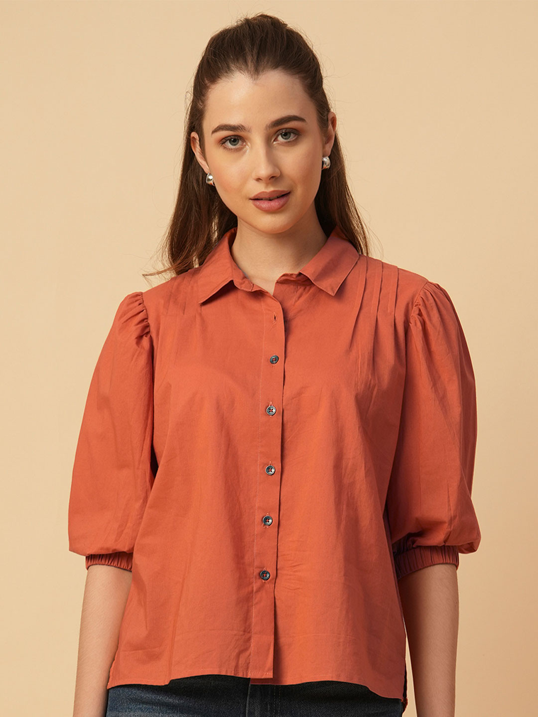 Chemistry Women Spread Collar Puff Sleeves Cotton Slim Fit Casual Shirt