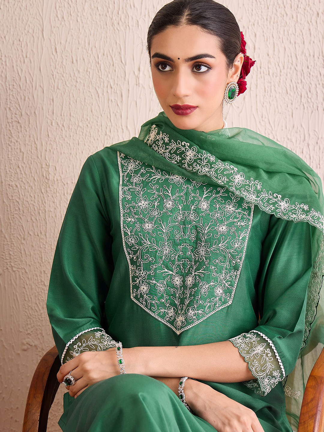Anouk Floral Embroidered Regular Yoke Border Aari Work Kurta With Trousers & Dupatta