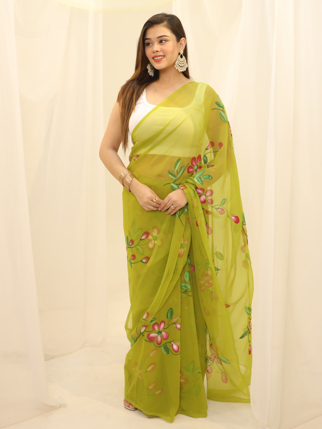 Swadeshi Shringaar Parrot Green Floral Hand Painted Georgette Saree