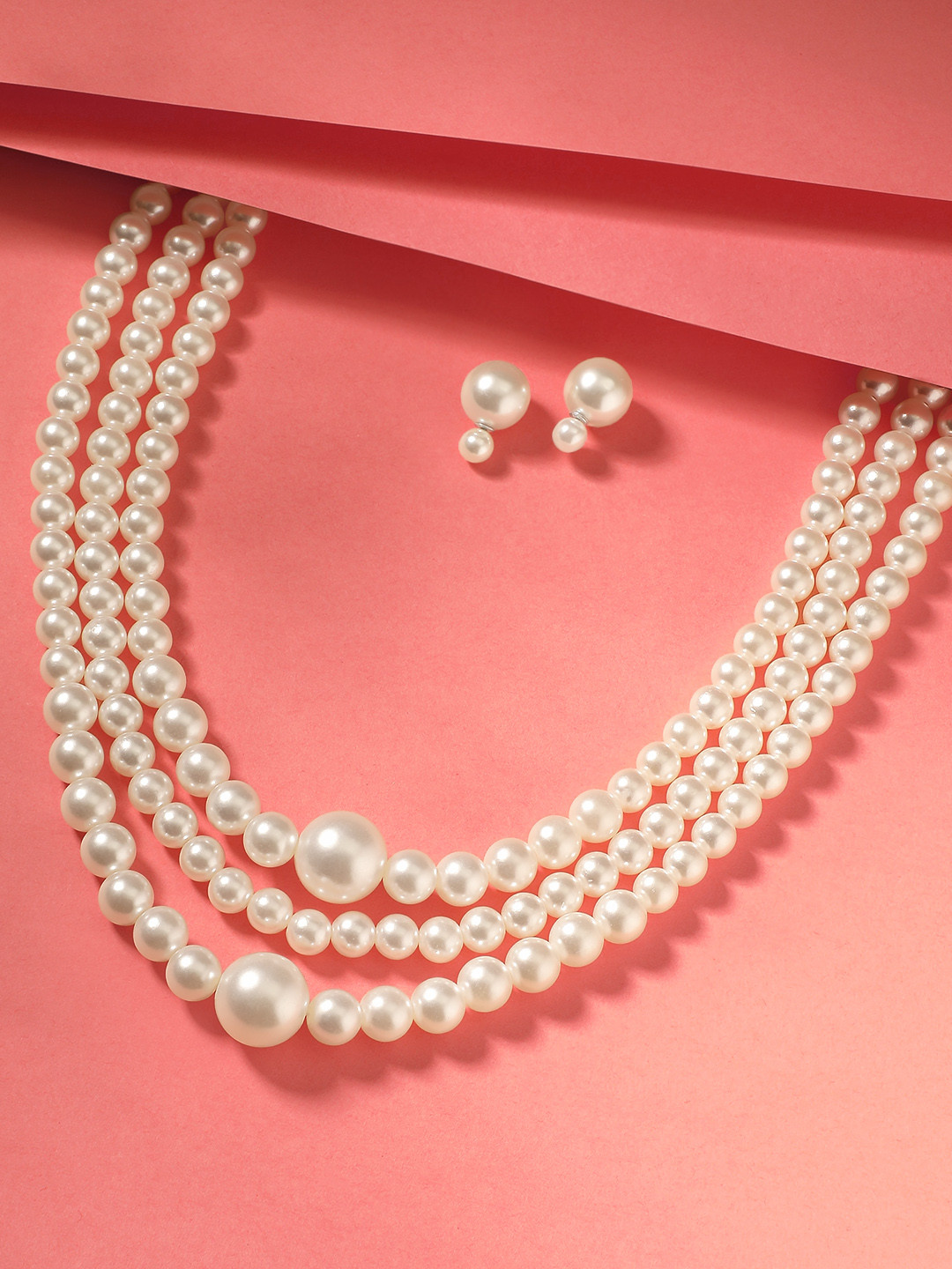 Mansiyaorange Pearl Beaded 3 Layer Necklace & Stud Earrings