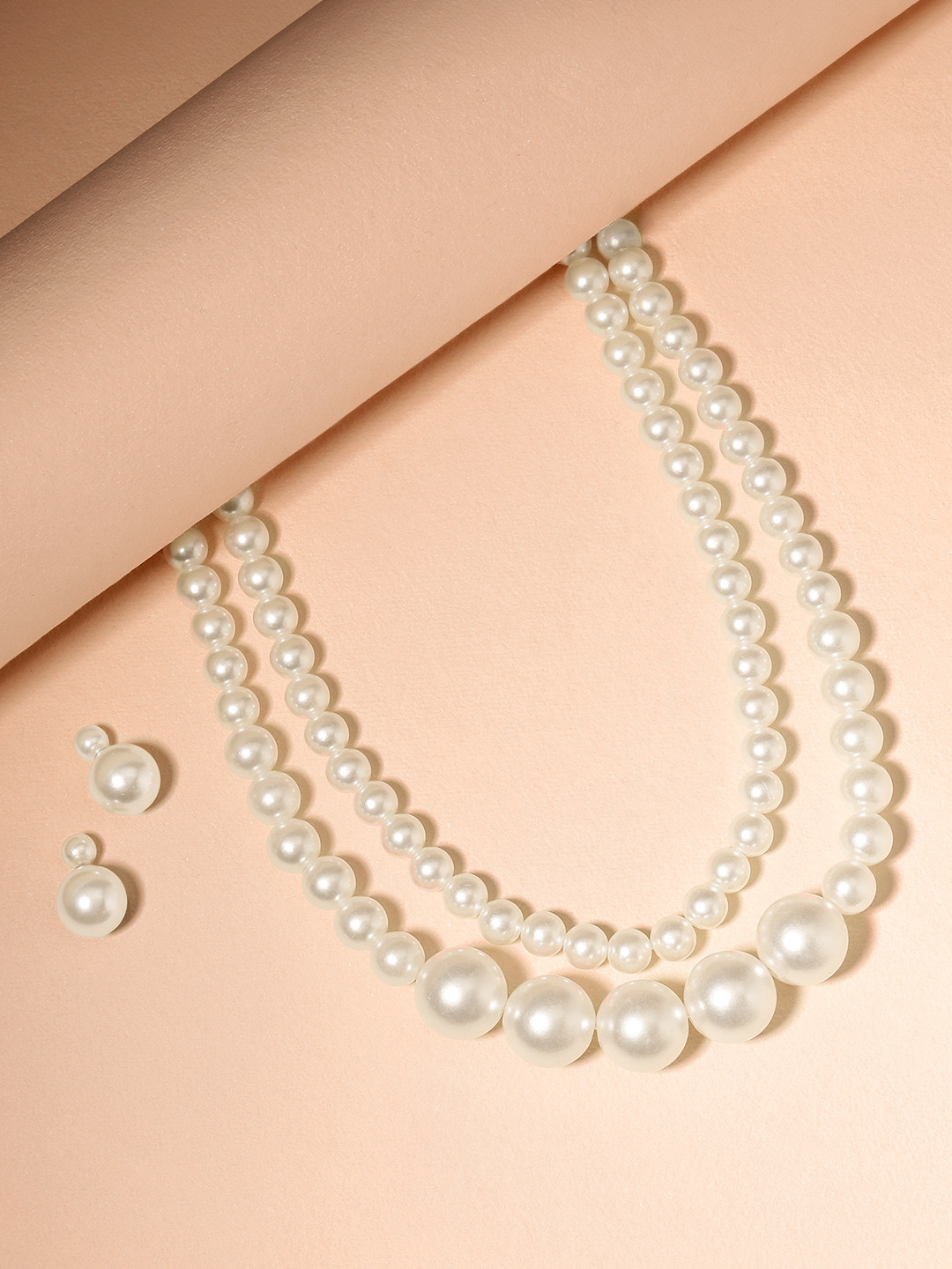 Mansiyaorange Pearl Beaded 2 Layer Necklace & Stud Earrings