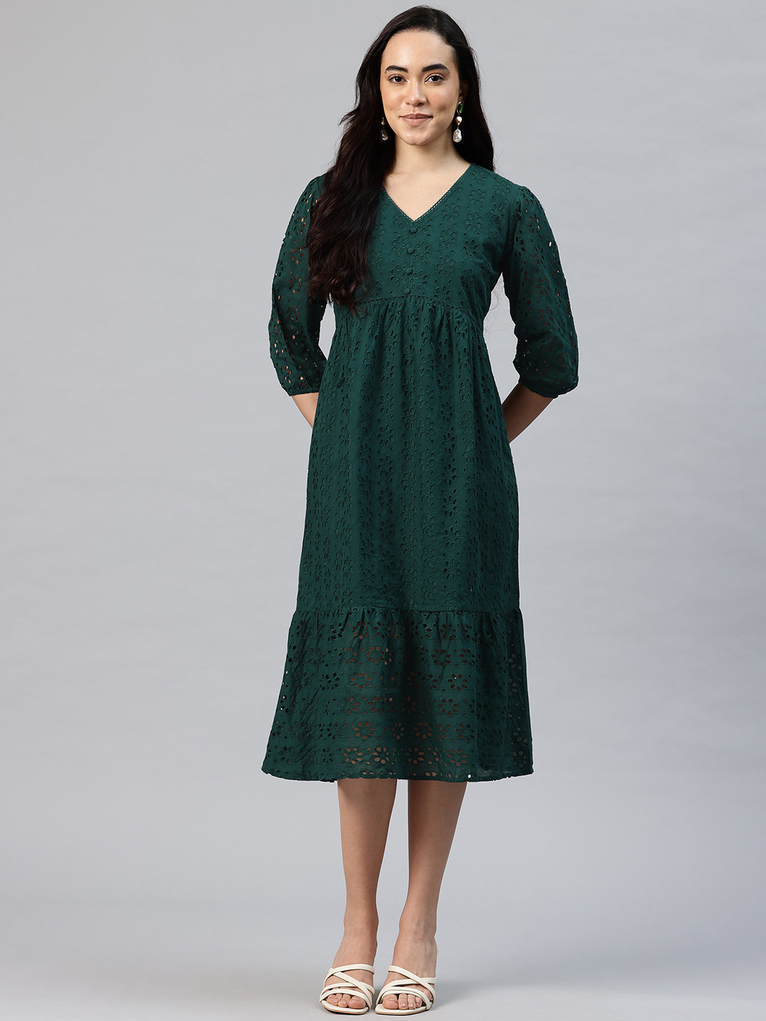 SWI Stylish Floral Embroidered Schiffli Puff Sleeve A-Line Midi Dress