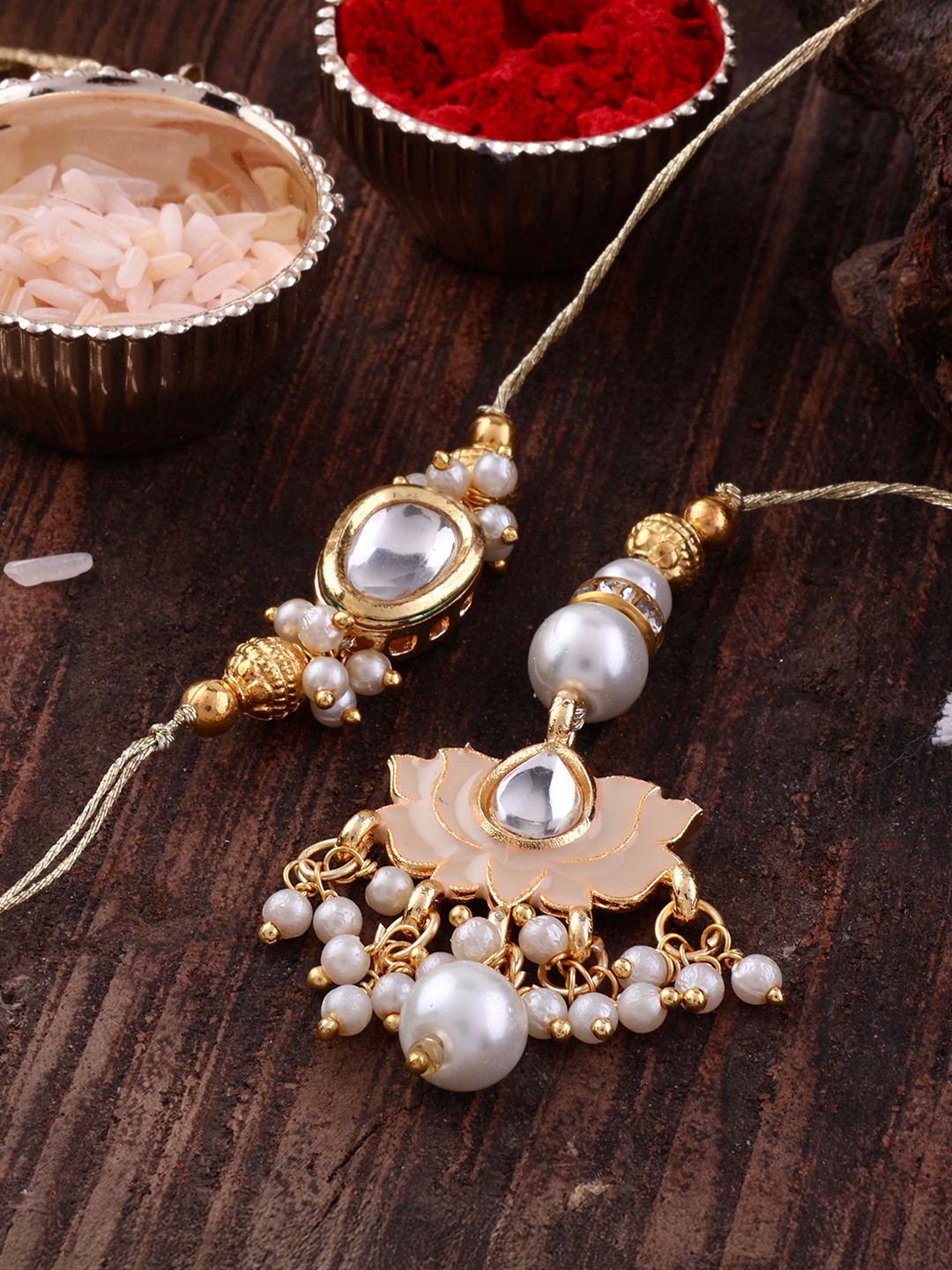 SHONA'S STYLE Set Of 4 Kundan Studded & Beaded Bhaiya Bhabhi Rahkis