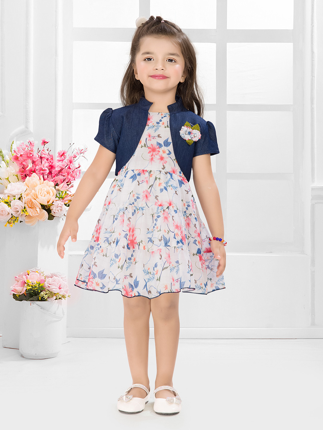 Floral Print Synthetic Material Knee Length Tiered Dress with Denim Jacket,for Kids & Girls