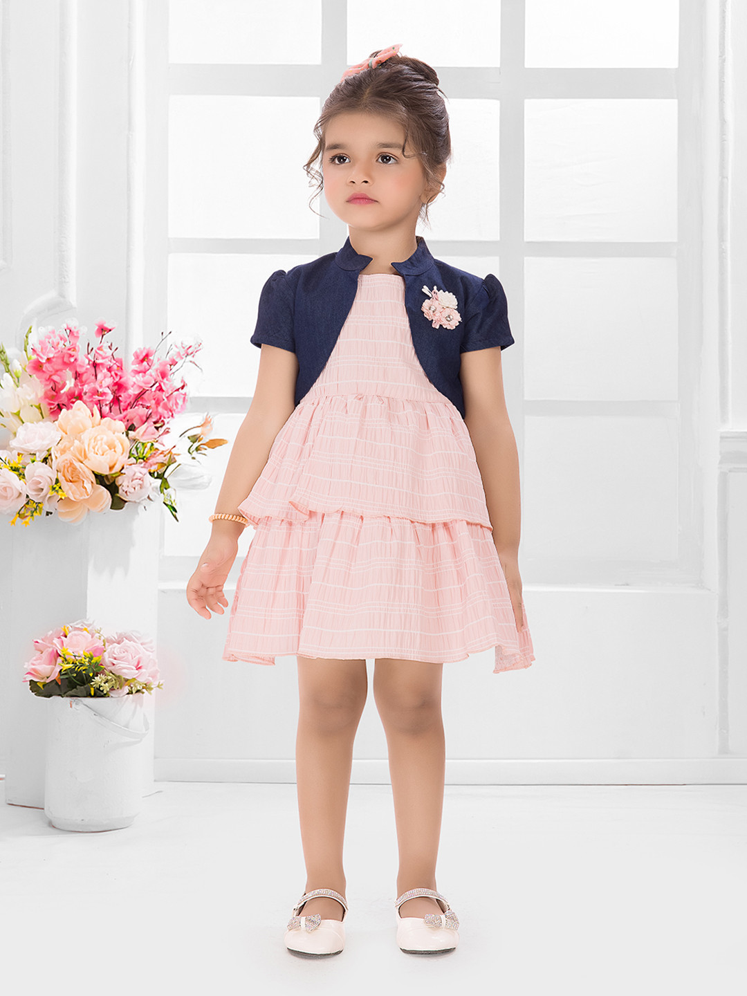 Floral Print Synthetic Material Knee Length Tiered Dress with Denim Jacket,for Kids & Girls