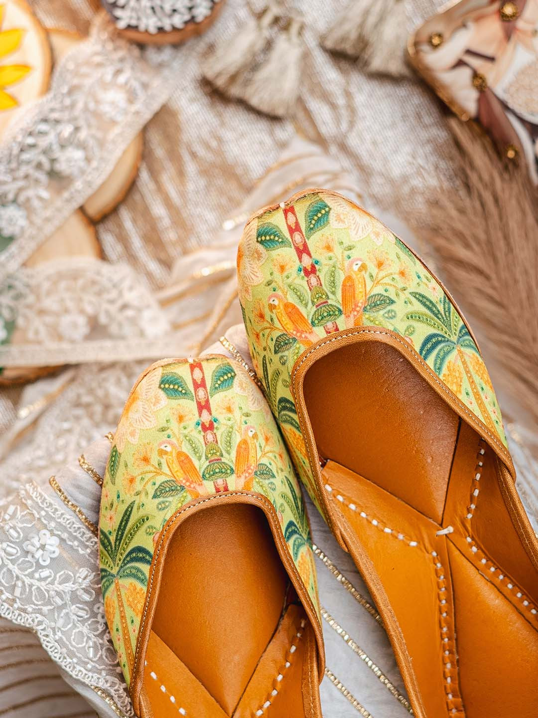NR By Nidhi Rathi Women Parrot Green Printed Leather Mojaris Flats
