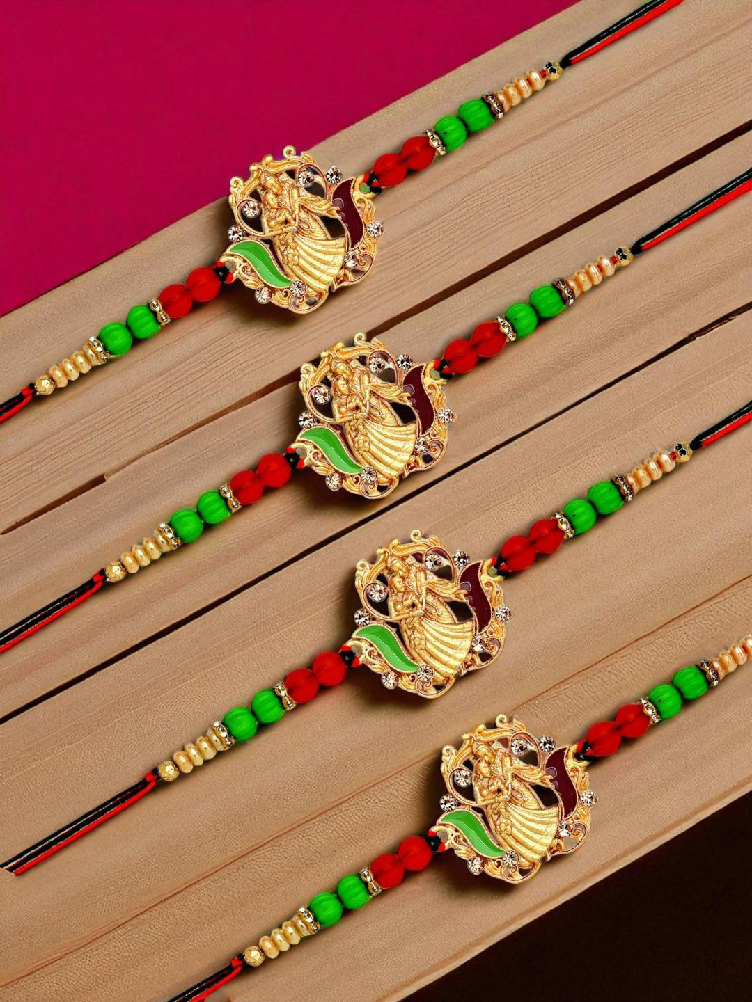 ADIVA Cubic Zirconia-Studded Radha Krisha Rakhi With Pooja Thali & Roli Chawal Bag