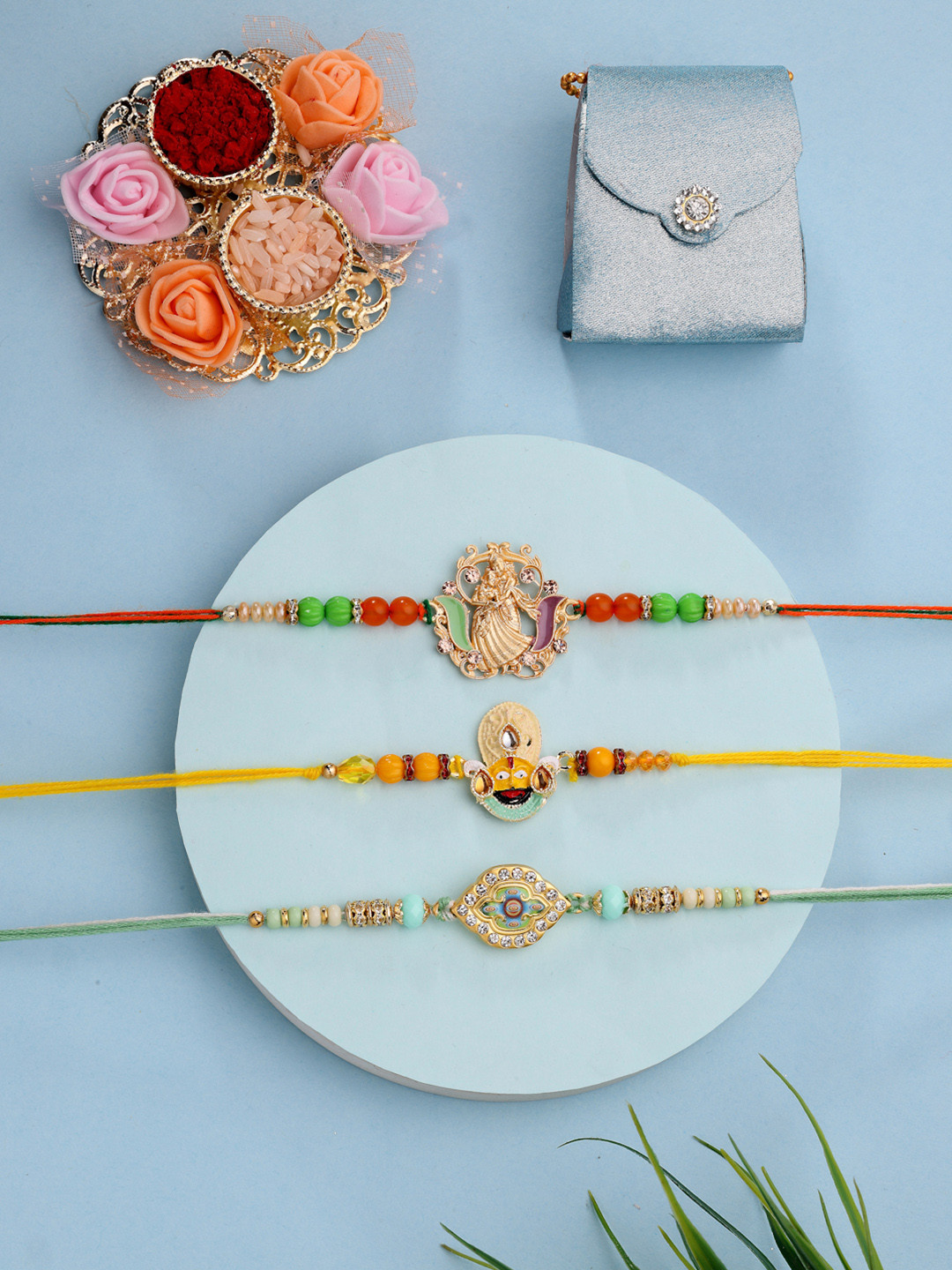 ADIVA Set of 3 Kundan & Beads Gods Rakhi with Pooja Thali and Roli Chawal Bag Gift Set