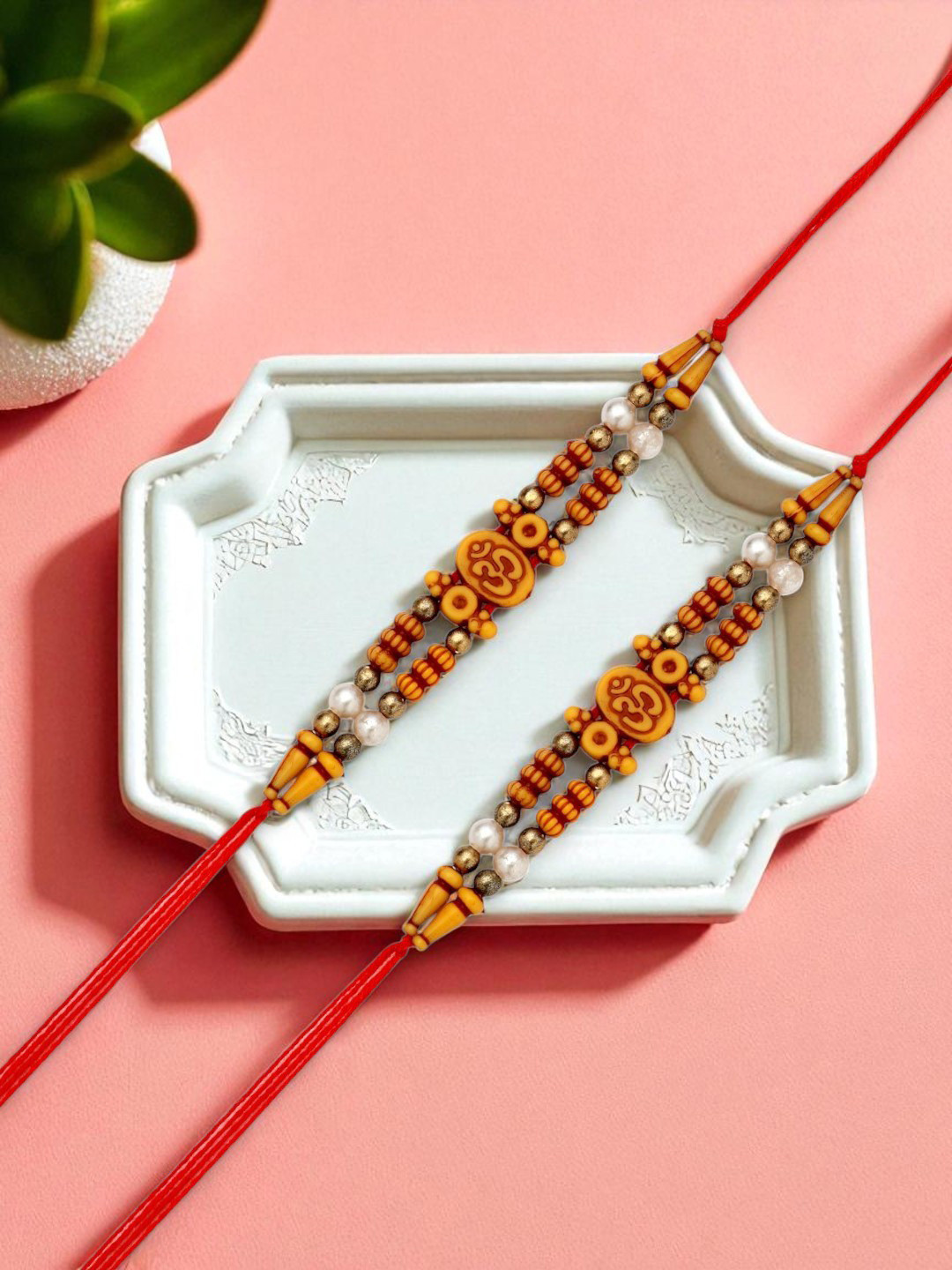 ADIVA Cubic Zirconia-Studded Om Symbol Rakhi With Pooja Thali & Roli Chawal Bag