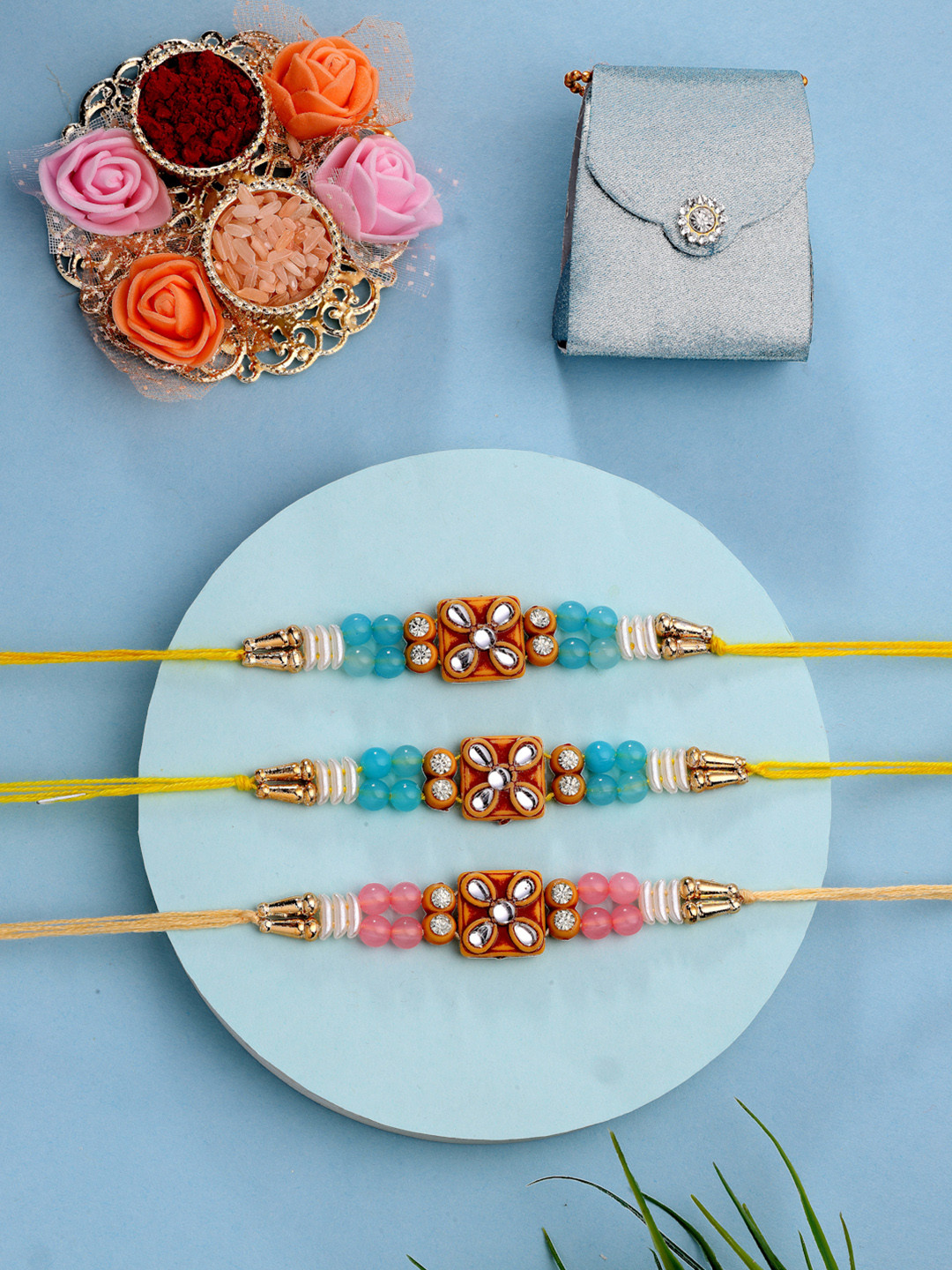 ADIVA Pack Of 3 Kundan-Studded & Beaded Thread Rakhi With Pooja Thali & Roli Chawal Bag