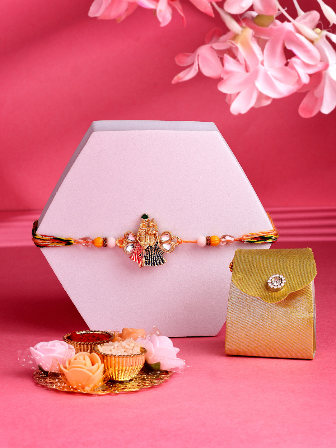 ADIVA Set Of 4 Kundan-Studded & Beaded Radha Krishna Rakhi Gift Set