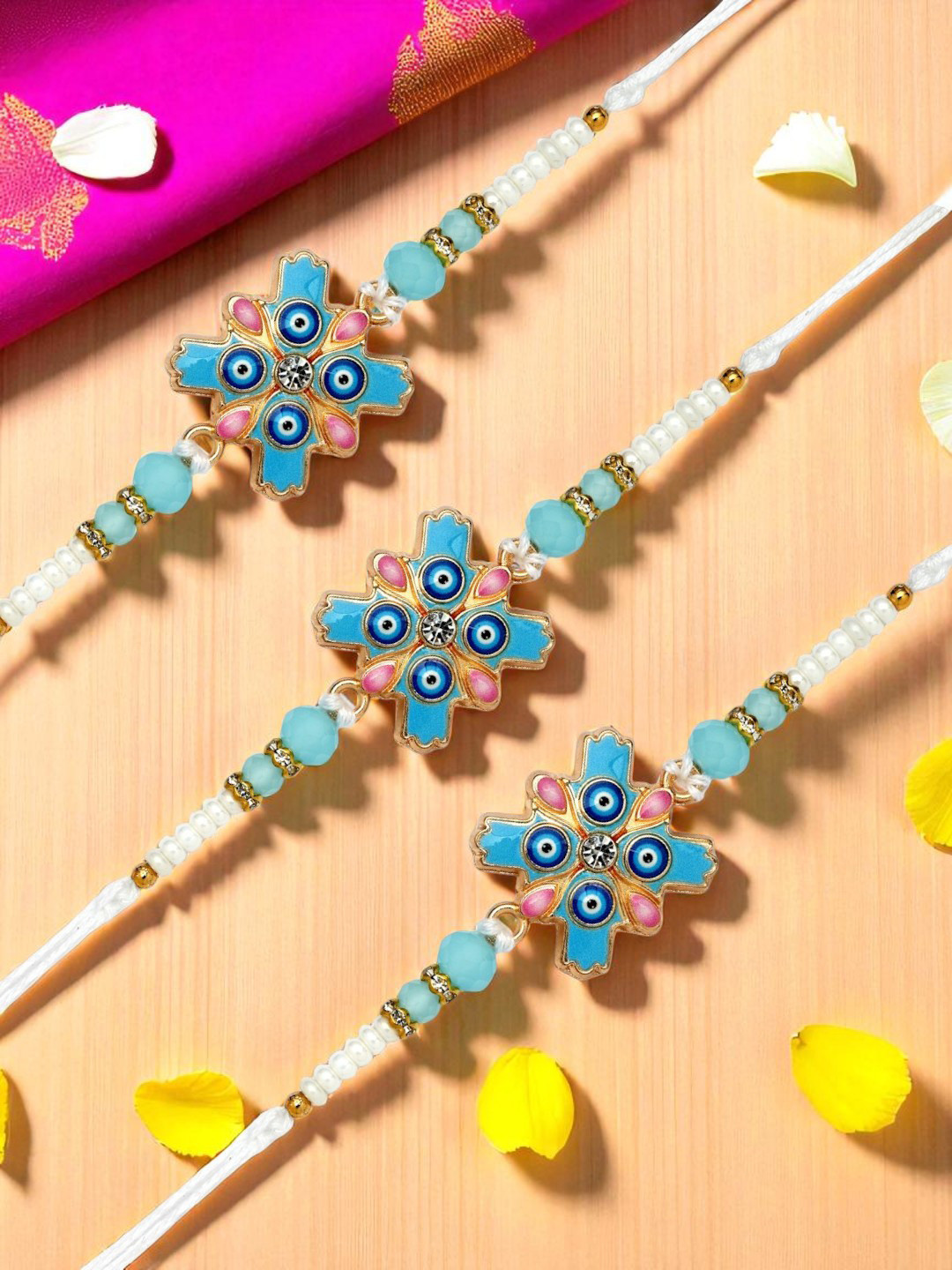 ADIVA 4-Pcs Stone-Studded & Beaded Evil Eye Rakhi With Pooja Thali & Roli Chawal Bag