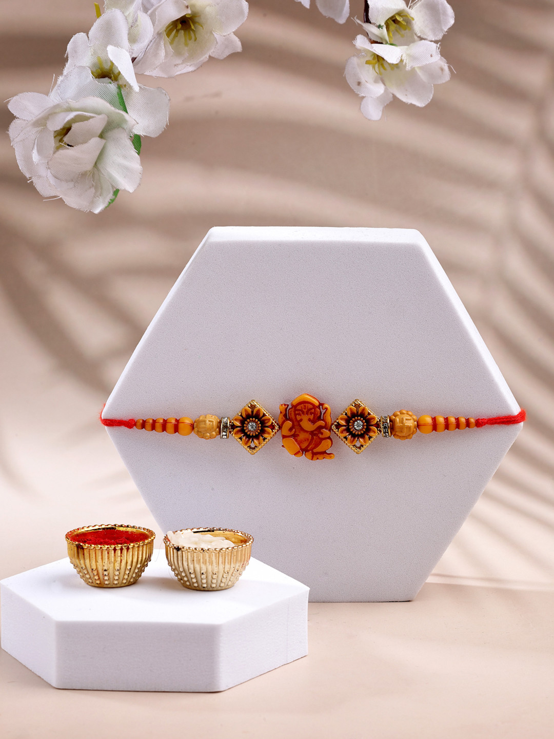 ADIVA Stone Studded & Beaded Rakhi With Bag & Pooja Thali Roli Chawal Card Gift Set