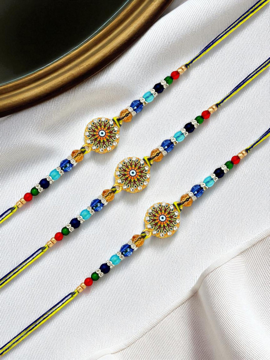 ADIVA Men Pack Of 3 Cubic Zirconia Studded & Beaded Rakhi With Bag & Pooja Thali Gift Set