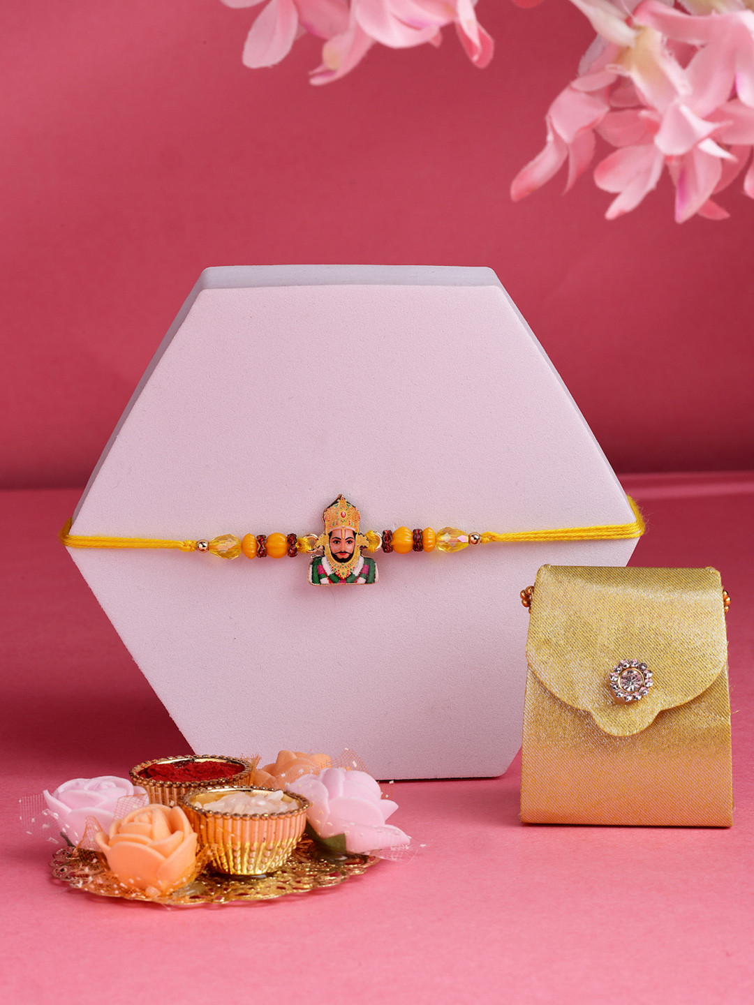 ADIVA Beaded Rakhi With Bag & Pooja Thali Roli Chawal Gift Set