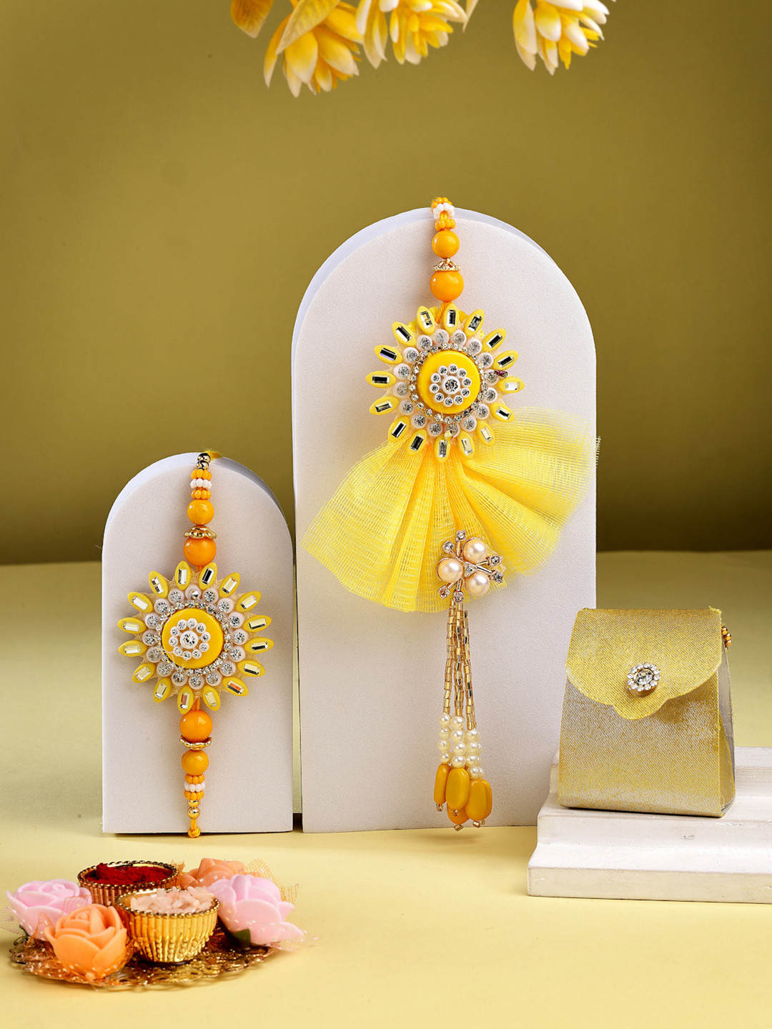 ADIVA Pack Of 2 Stone Studded & Beaded Rakhi With Bag & Pooja Thali Roli Chawal Gift Set