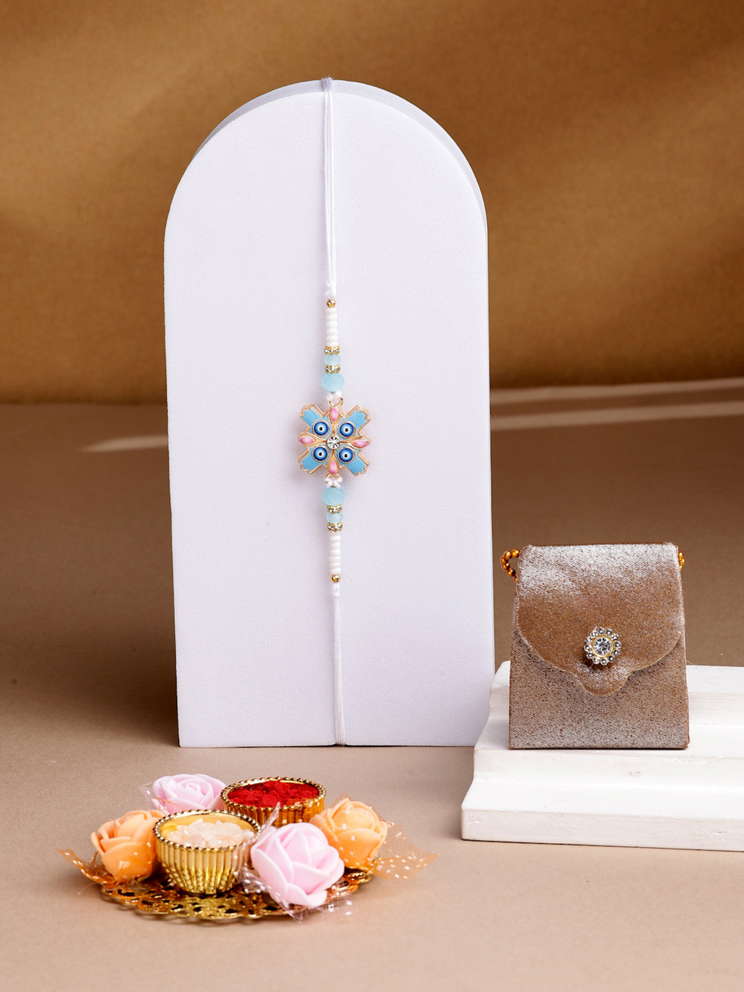 ADIVA Evil Eye Stone Studded Rakhi With Pooja Thali Roli Chawal Gift Set