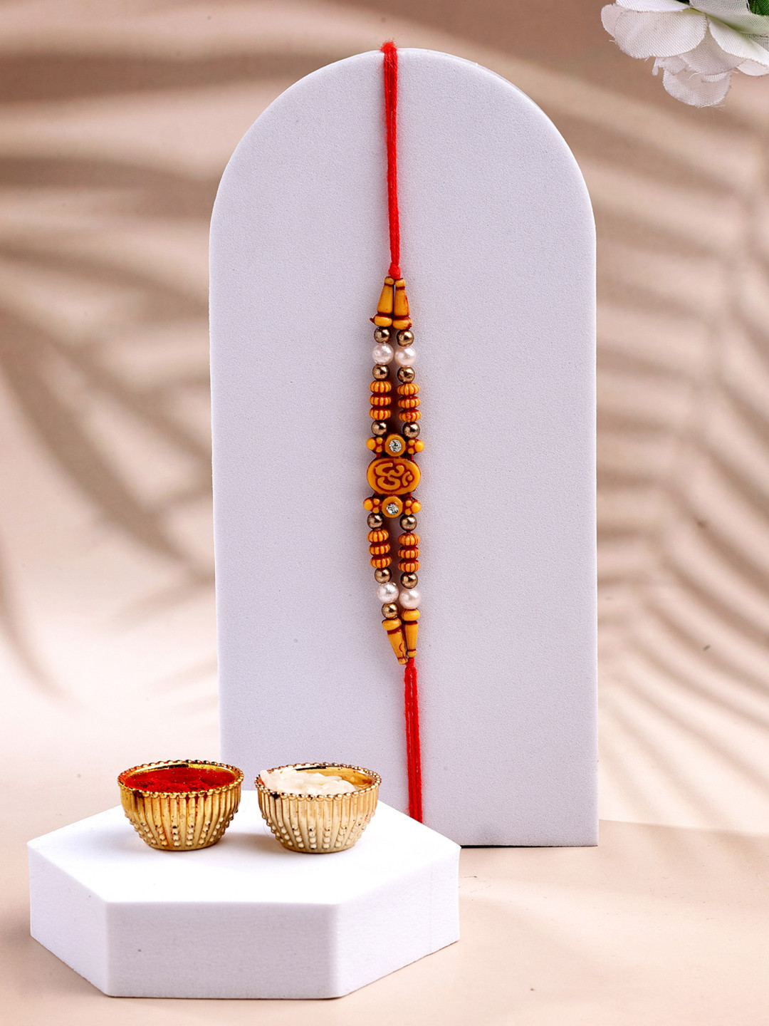 ADIVA Cubic Zirconia Studded Rakhi With Pooja Thali Roli Chawal Gift Set