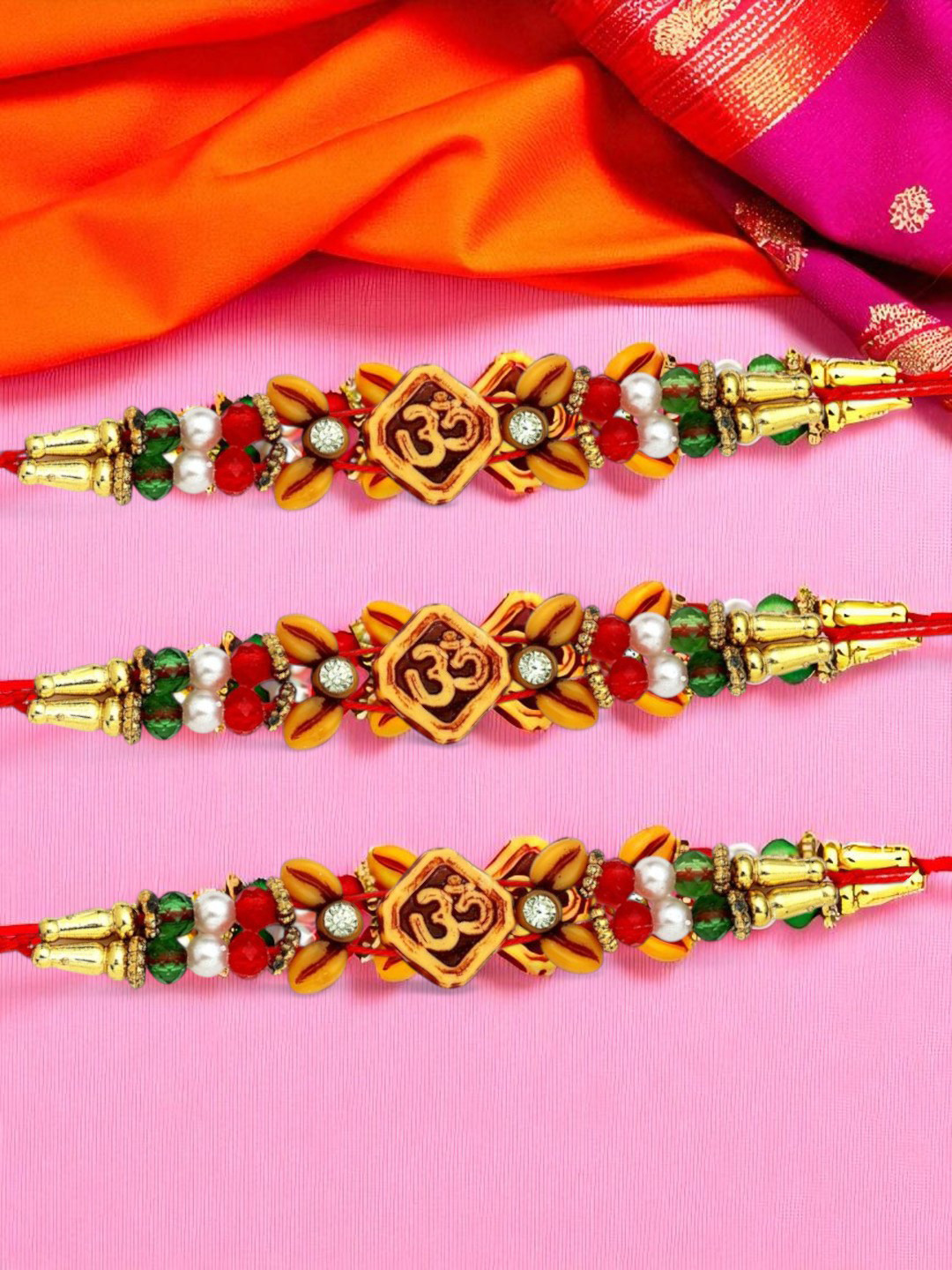 ADIVA Men Om Symbol Cubic Zirconia Studded Rakhi & Pooja Thali Roli Chawal Gift Set