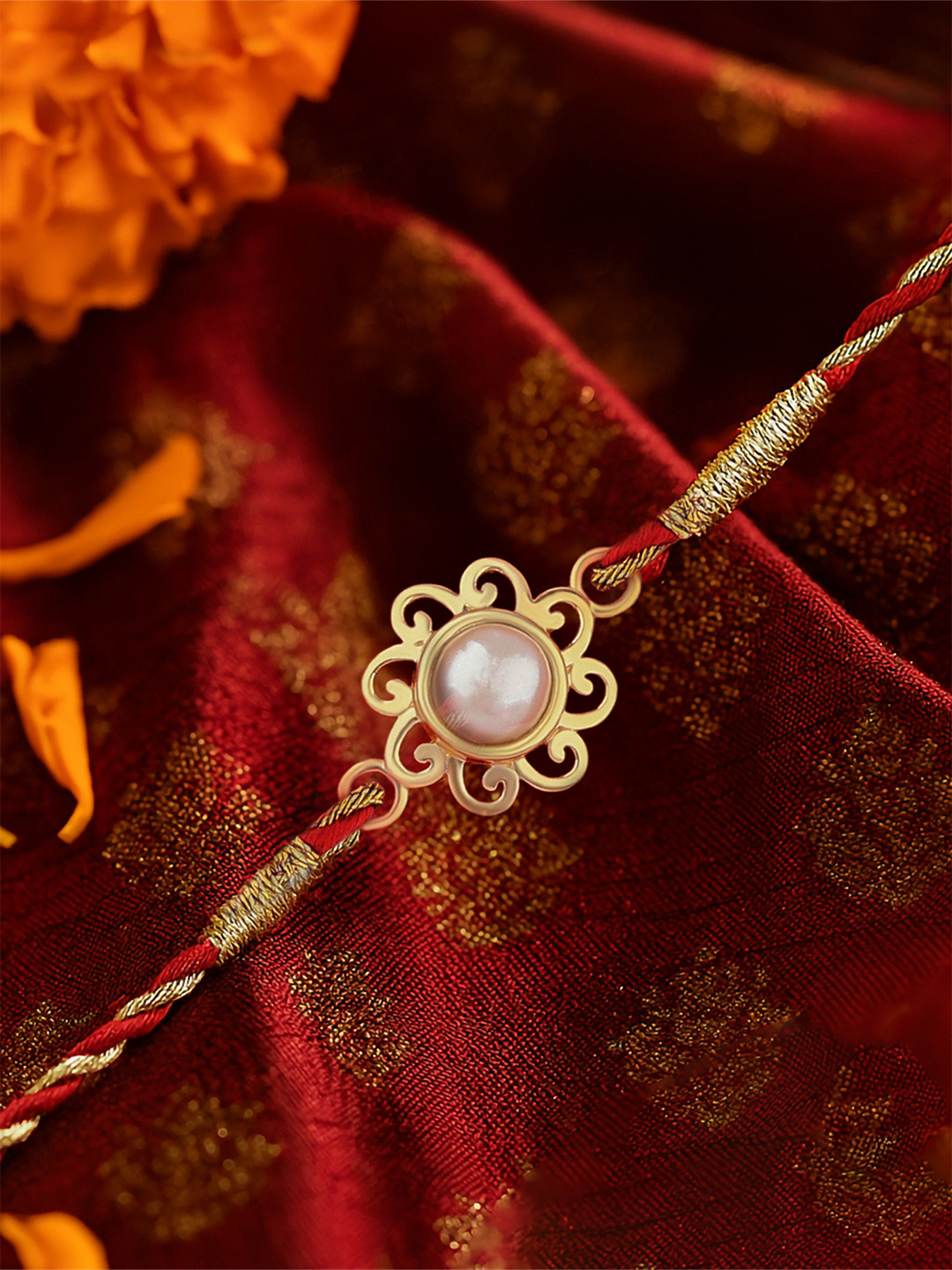 Ornate Jewels 18K Gold Plated Freshwater Pearl Designer Rakhi With Roli Chawal