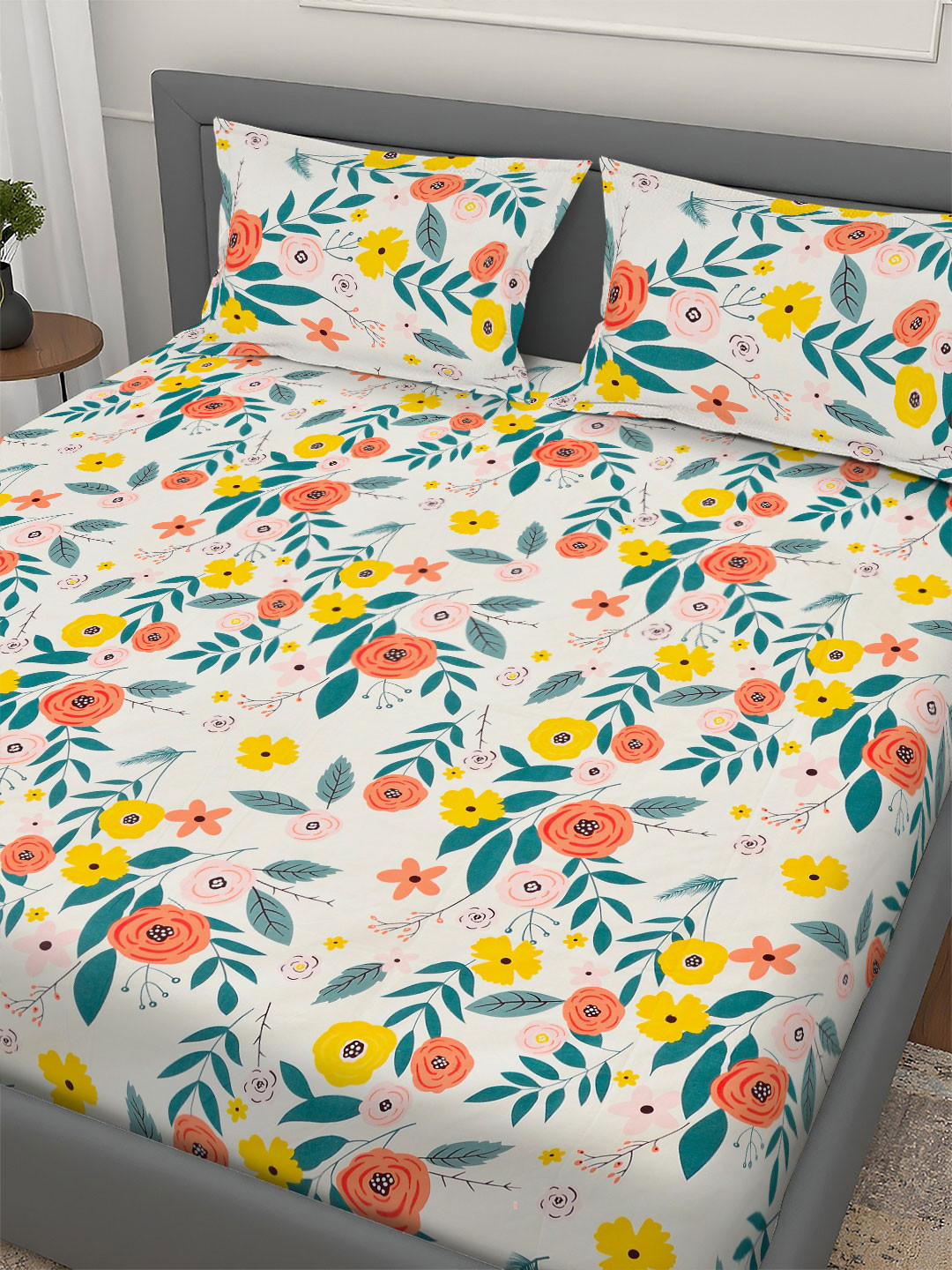 Aura Off White & Blue Floral Printed 350 TC King Fitted Bedsheet Set 2.50 m x 2.15 m