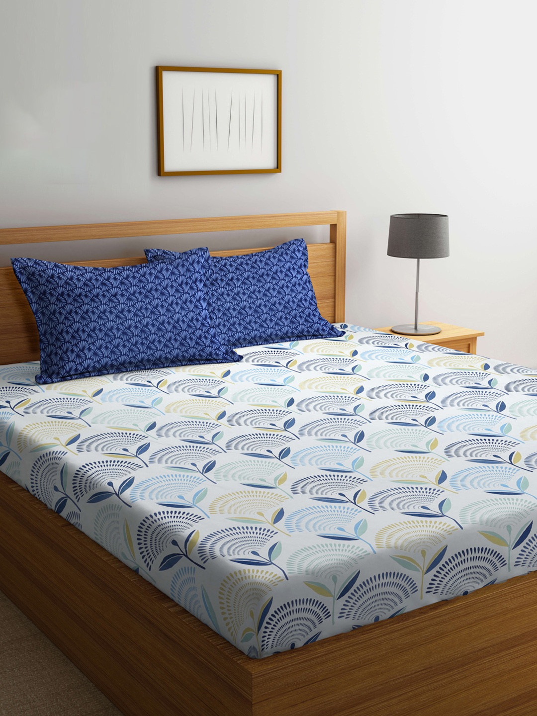 Aura White & Blue Floral 350 TC King Fitted Bedsheet Set 2.50 m x 2.15 m