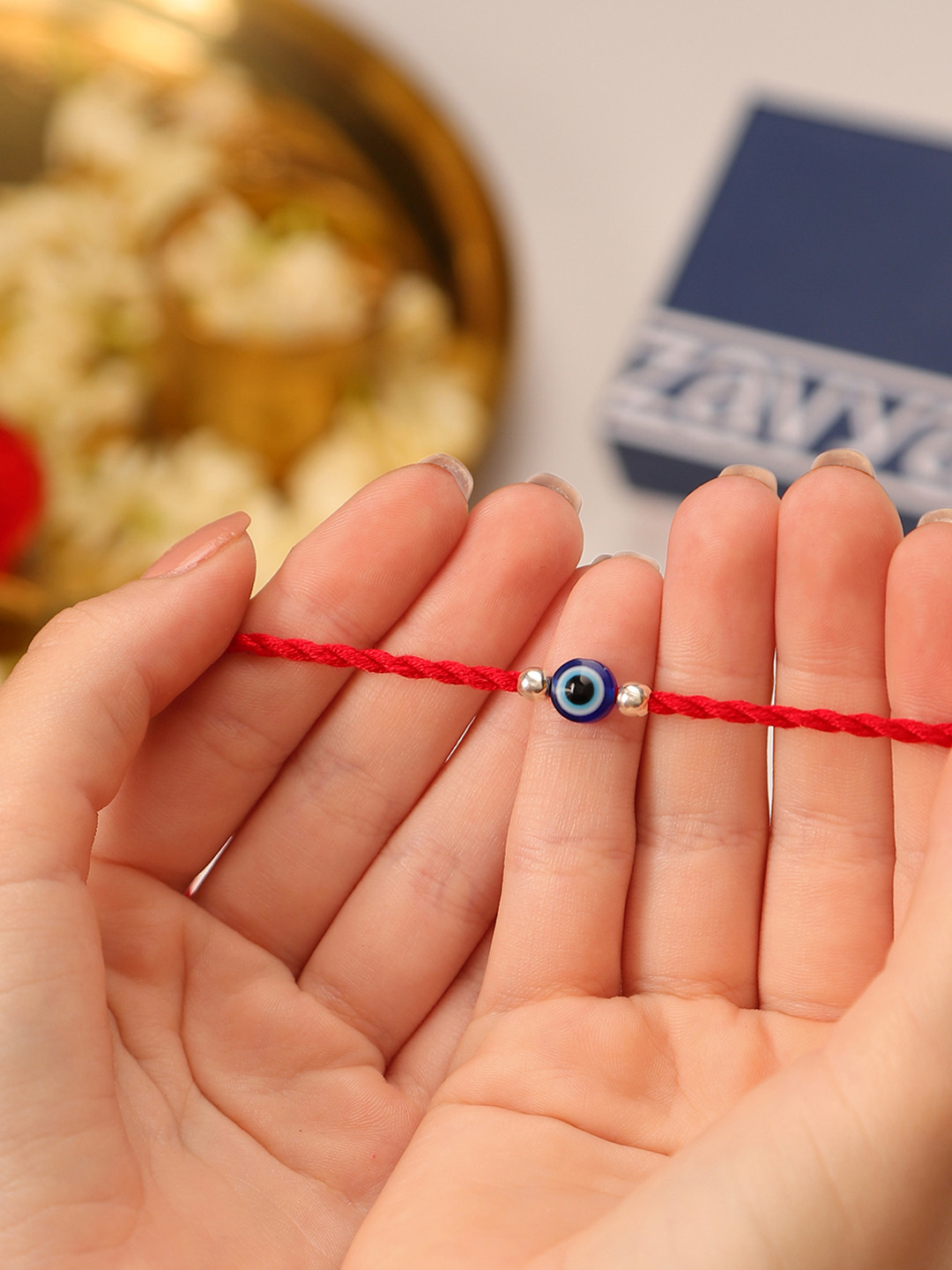 Zavya 925 Pure Silver Beaded Evil Eye Thread Rakhi With Roli Chawal