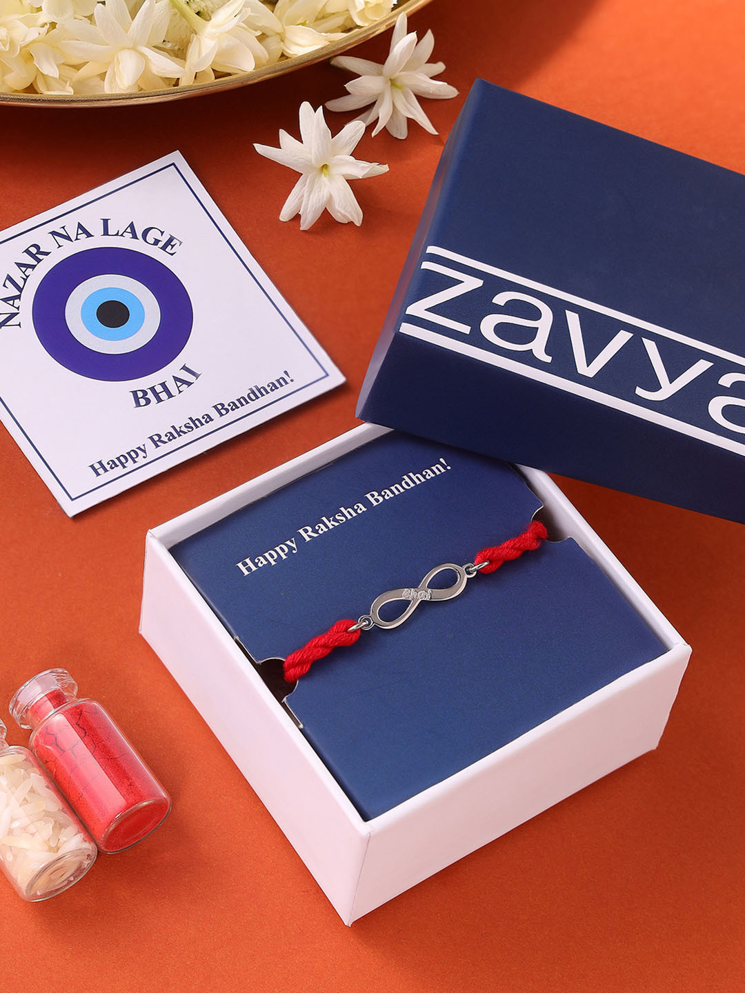 Zavya 925 Sterling Silver Bhai Infinity Symbol Rhodium-Plated Rakhi With Roli & Chawal