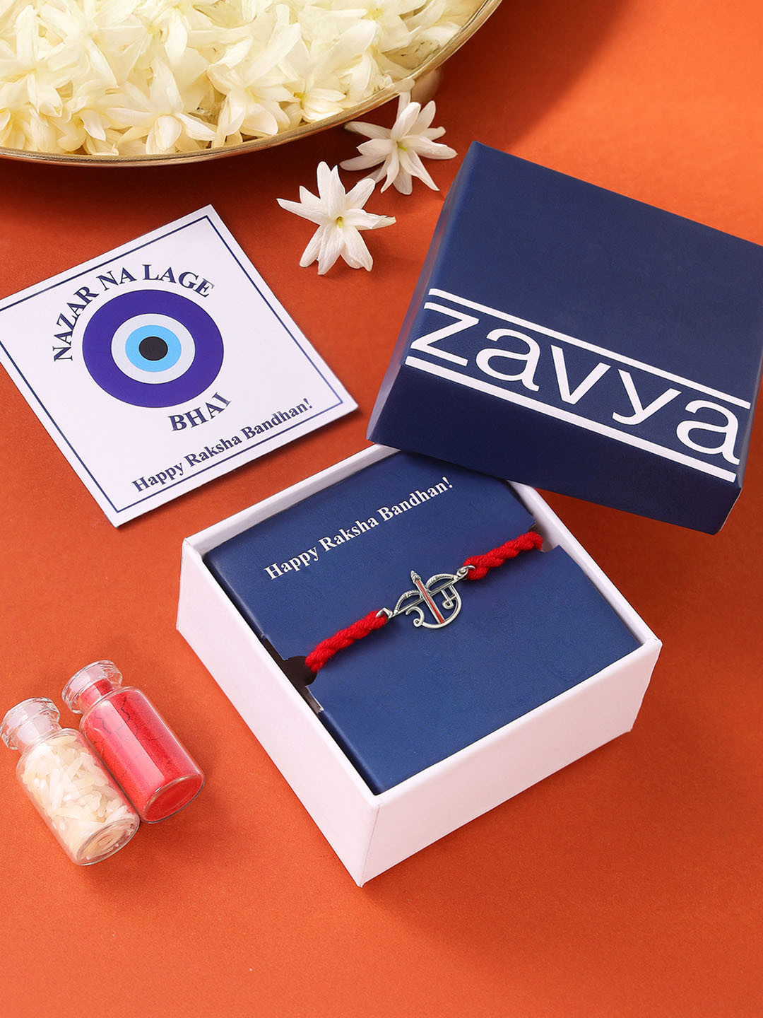 Zavya 925 Sterling Silver Ram Inscription Oxidised Thread Rakhi With Roli & Chawal
