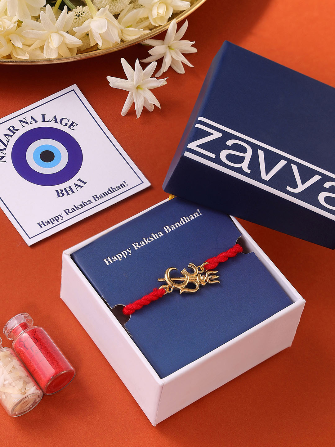 Zavya 925 Sterling Silver Om Trishul Charm Gold-Plated Thread Rakhi With Roli and Chawal