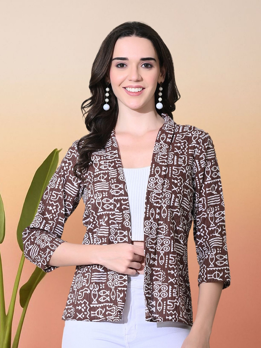 Sangria Warli Printed Open Front Shrug