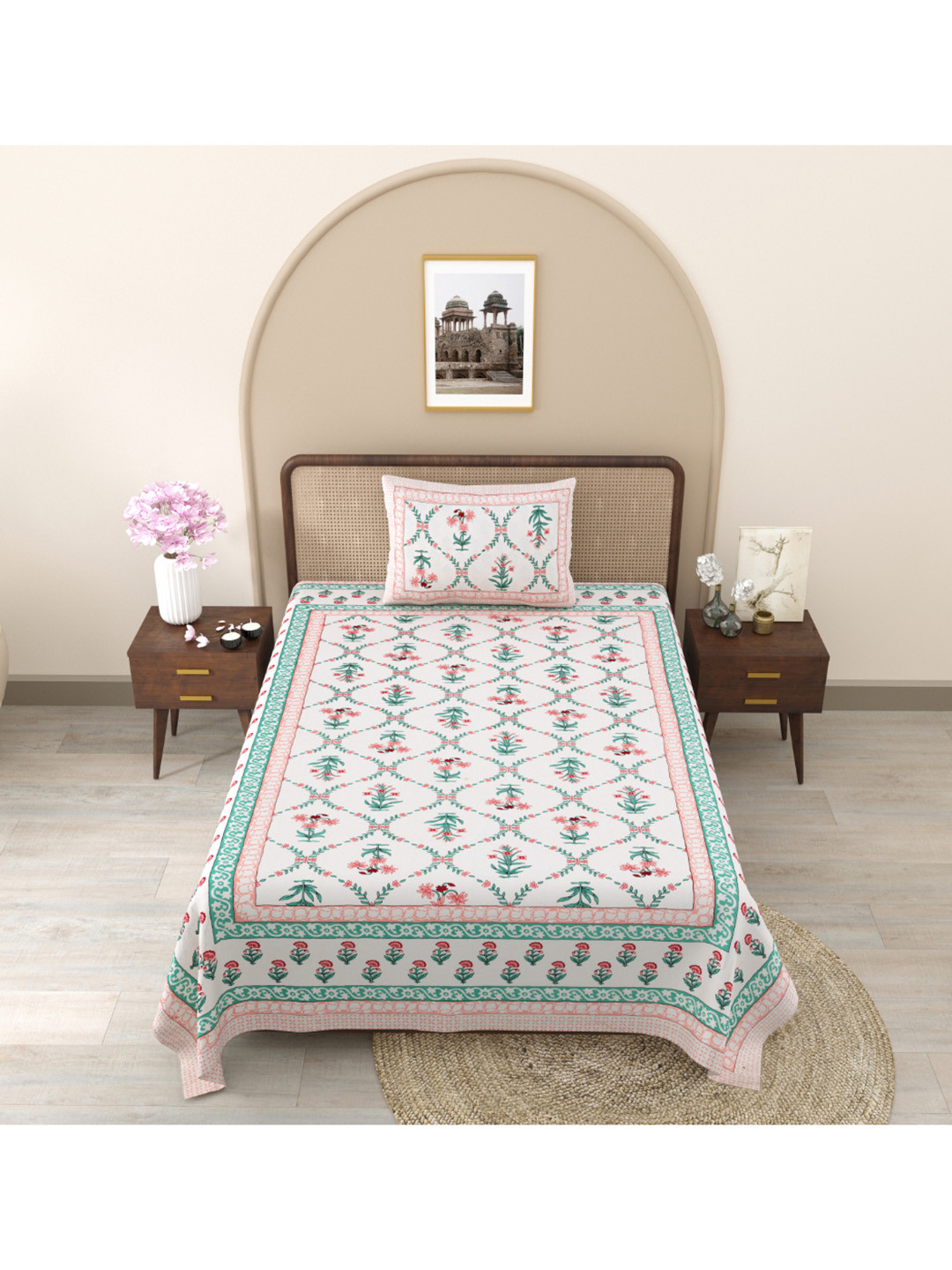 Shubastik Pink Floral 210 TC Single Bedsheet with 1 Pillow Covers