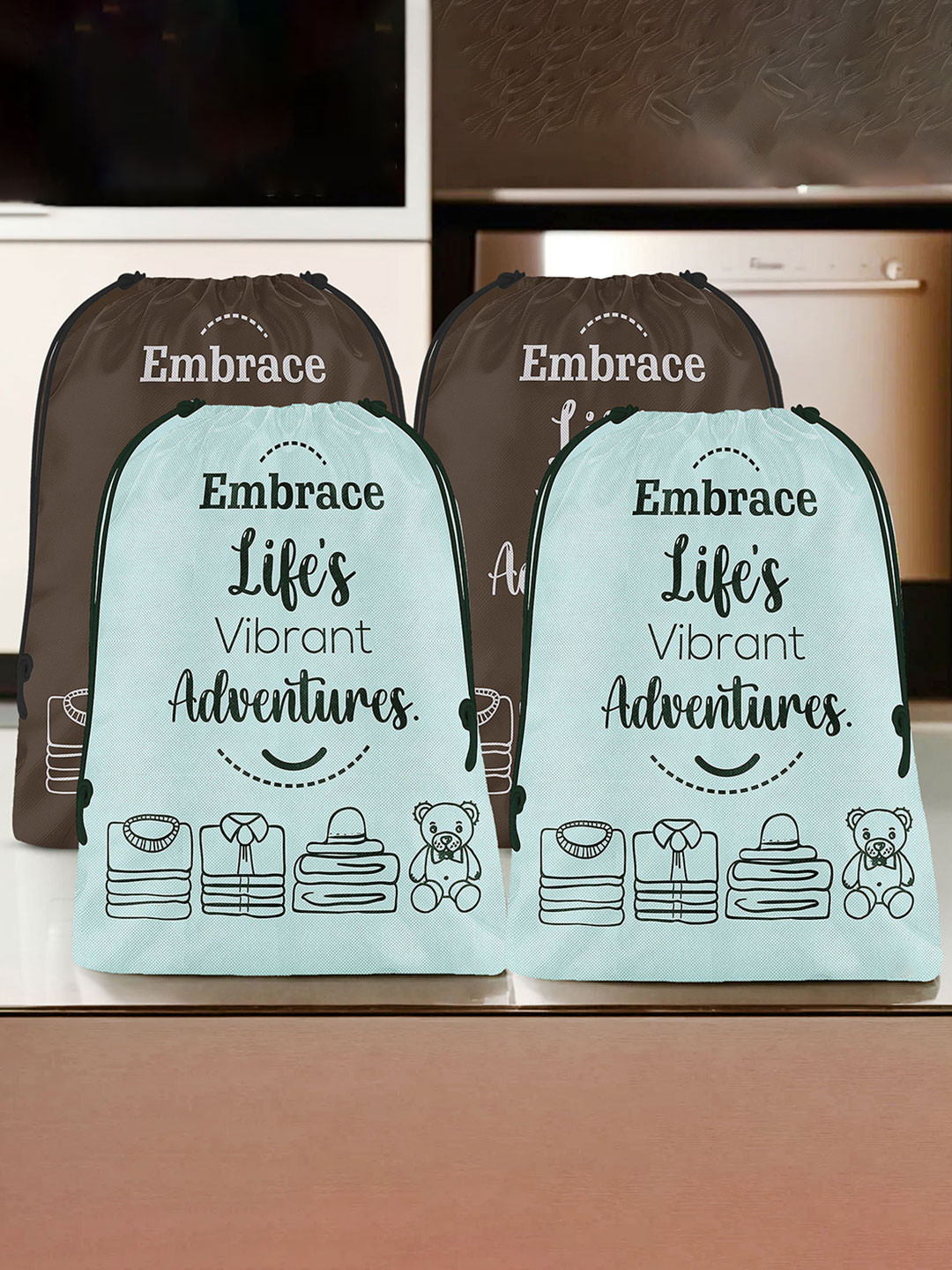 Aura Grey & Brown 4 Pieces Printed Reusable Cloth Storage Bag Organisers