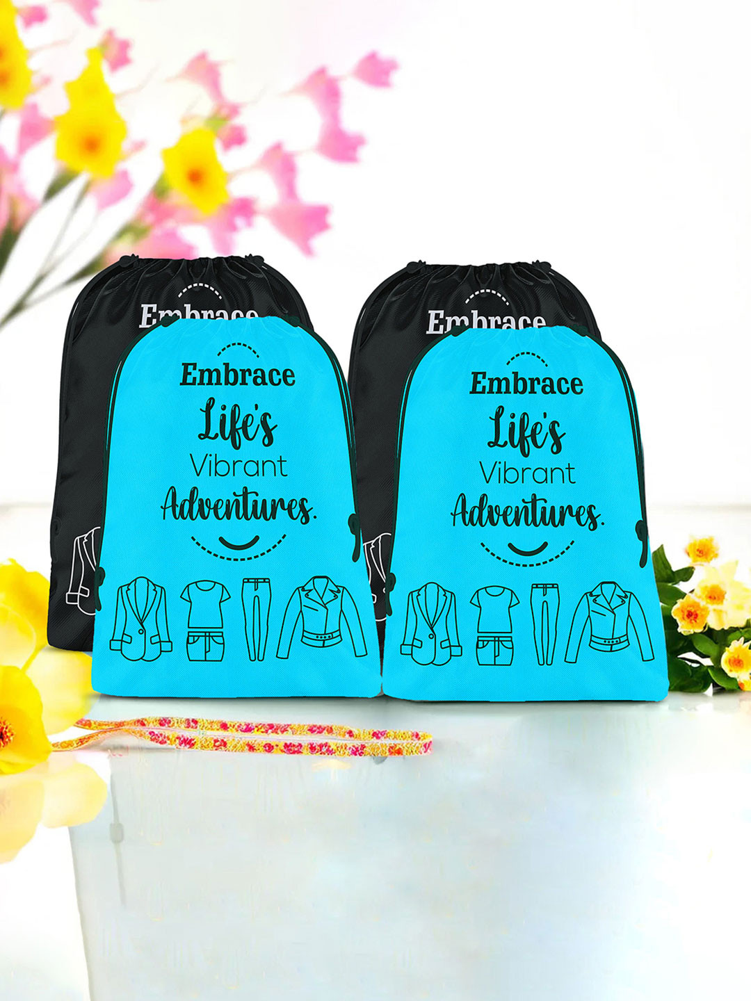 Aura Blue & Black 4 Pieces Printed Reusable Cloth Storage Bag Organisers