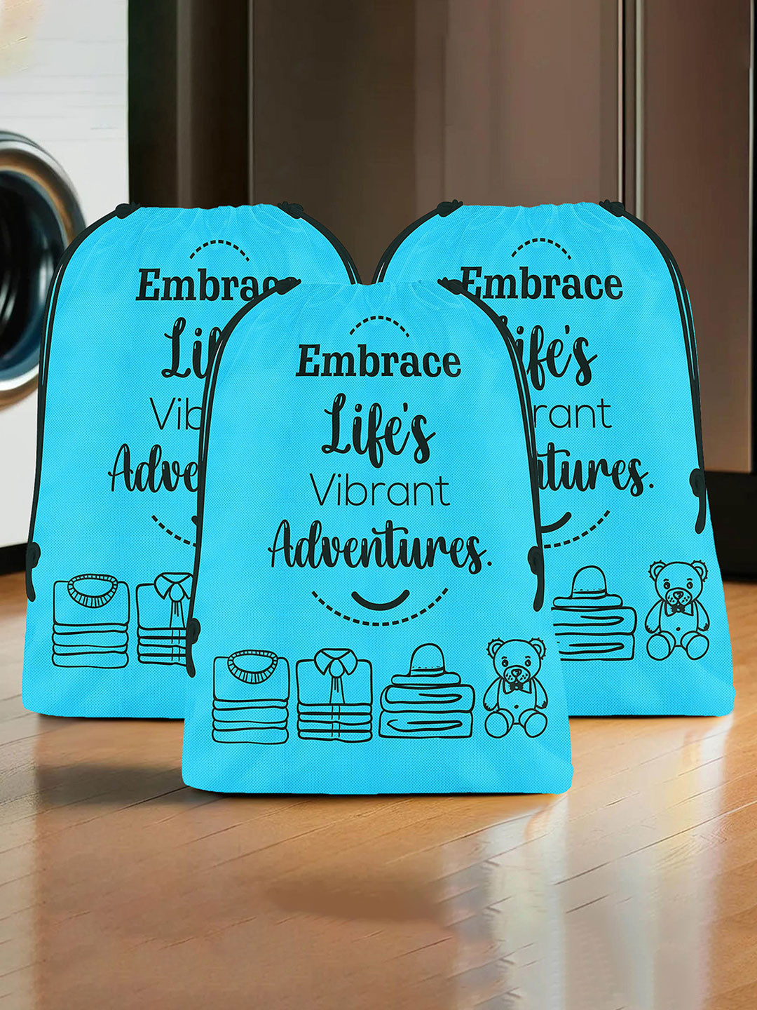 Aura Blue & Black 3 Pieces Printed Reusable Cloth Storage Bag Organisers