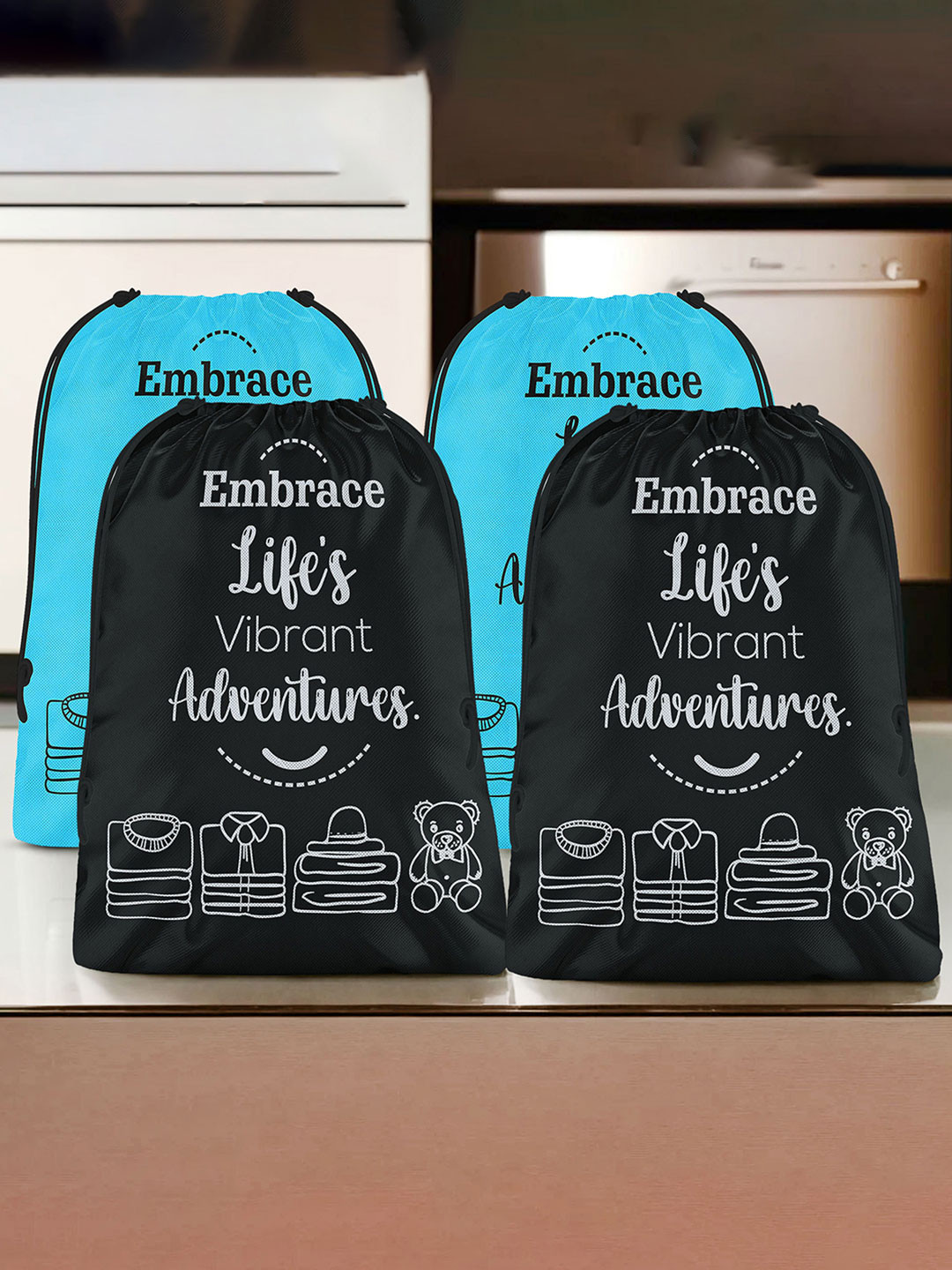 Aura Blue & Black 4 Pieces Printed Reusable Cloth Storage Bag Organisers