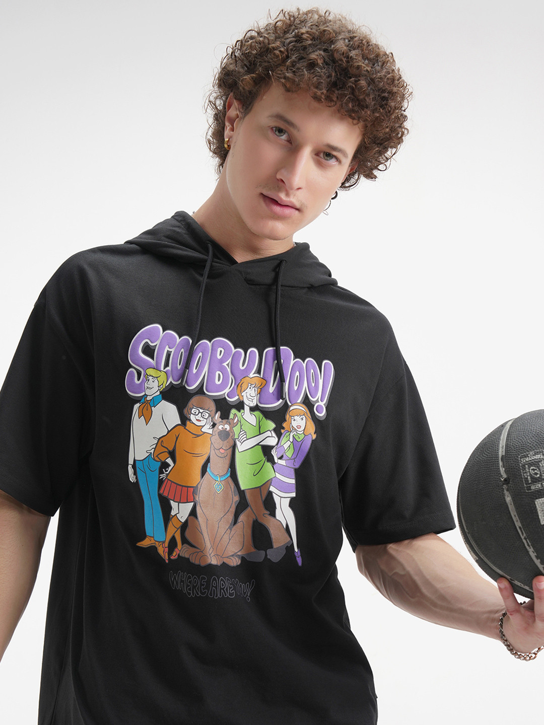 HIGHLANDER Graphic Printed Hooded Scooby-Doo Drop-Shoulder Sleeves Oversized T-shirt
